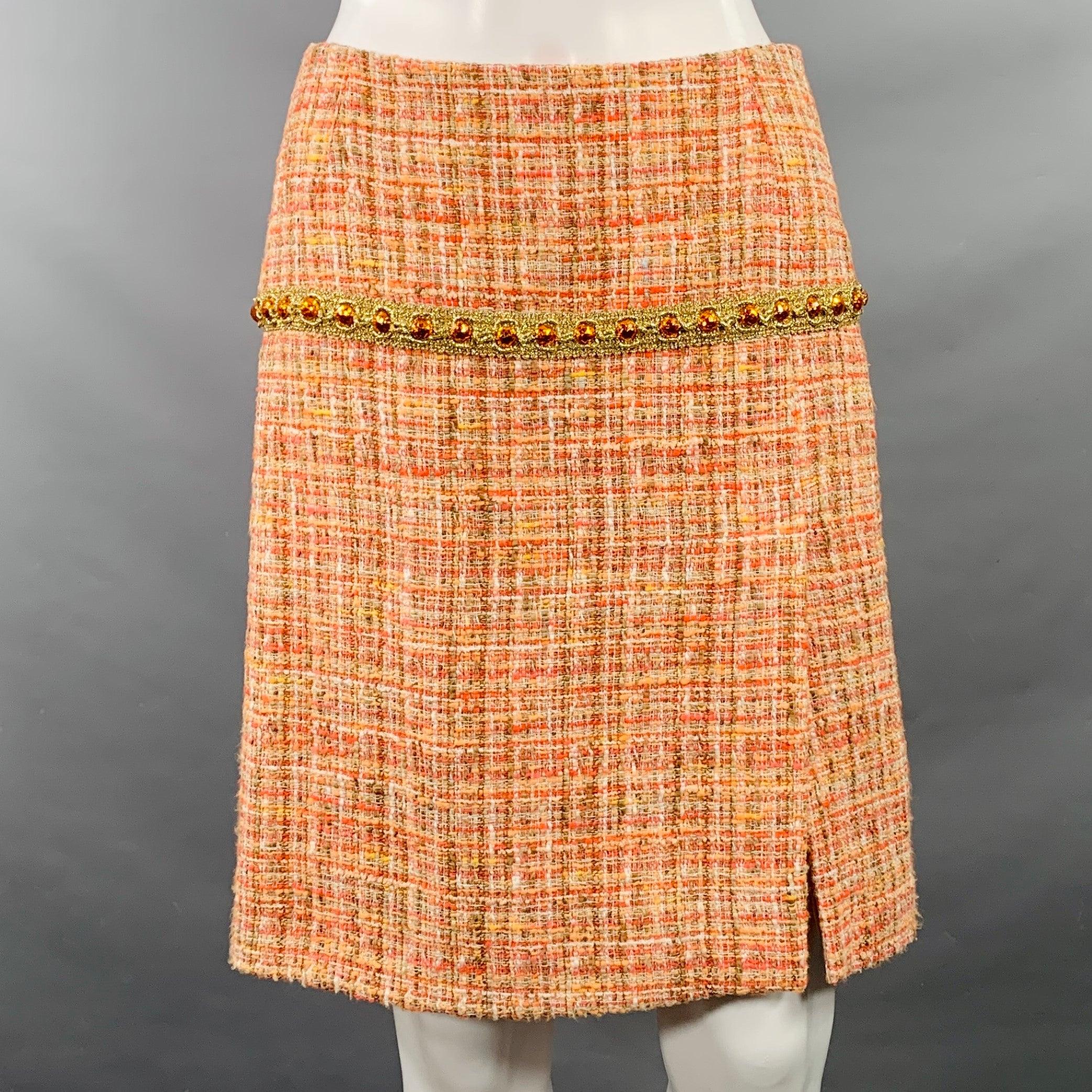 DOLCE & GABBANA Size 4 Orange Gold Cotton Blend Embellishment Skirt Suit Set In Good Condition For Sale In San Francisco, CA