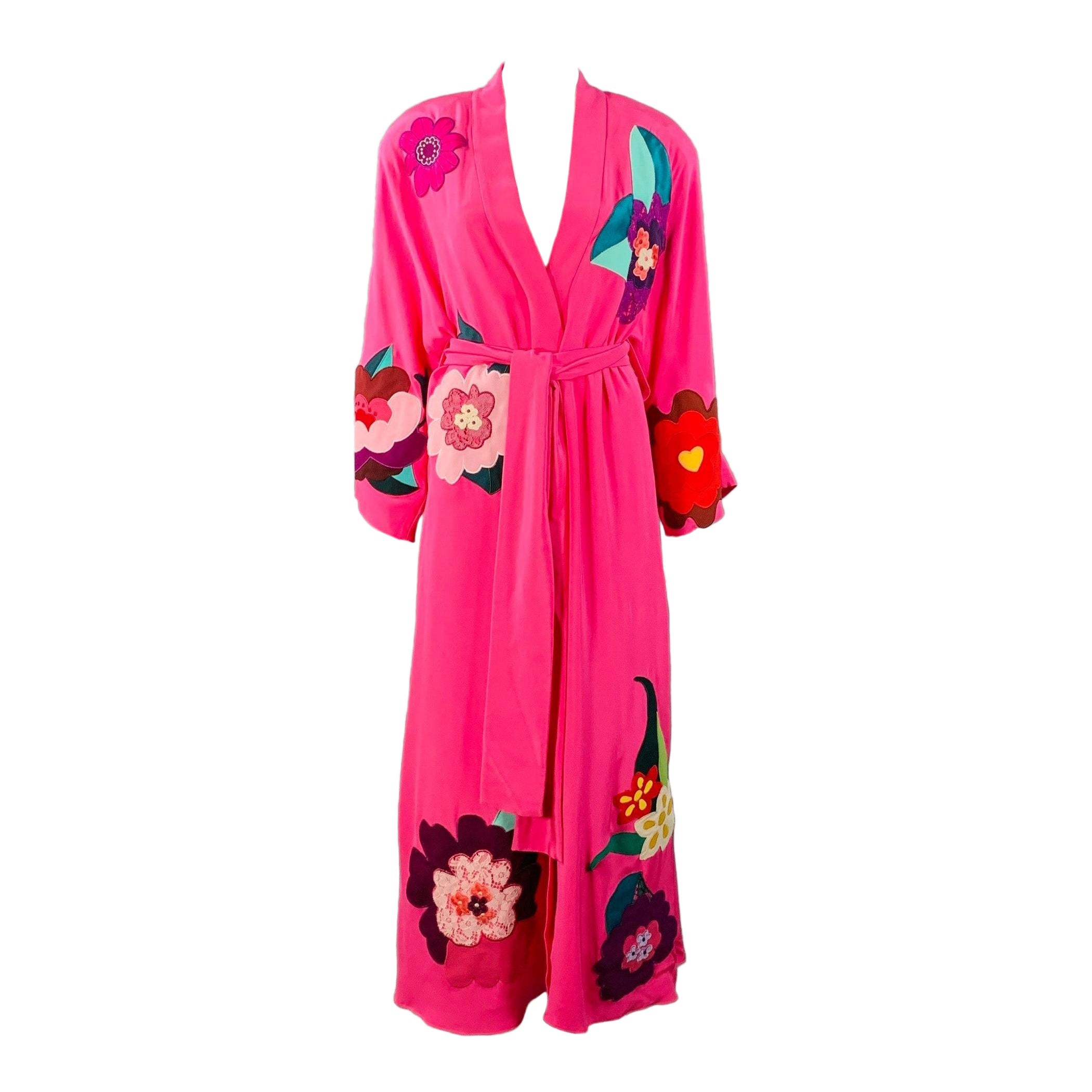 DOLCE 
GABBANA Größe 4 Rosa Mehrfarbige Seidenapplikationen Maxikleid mit Gürtel im Angebot