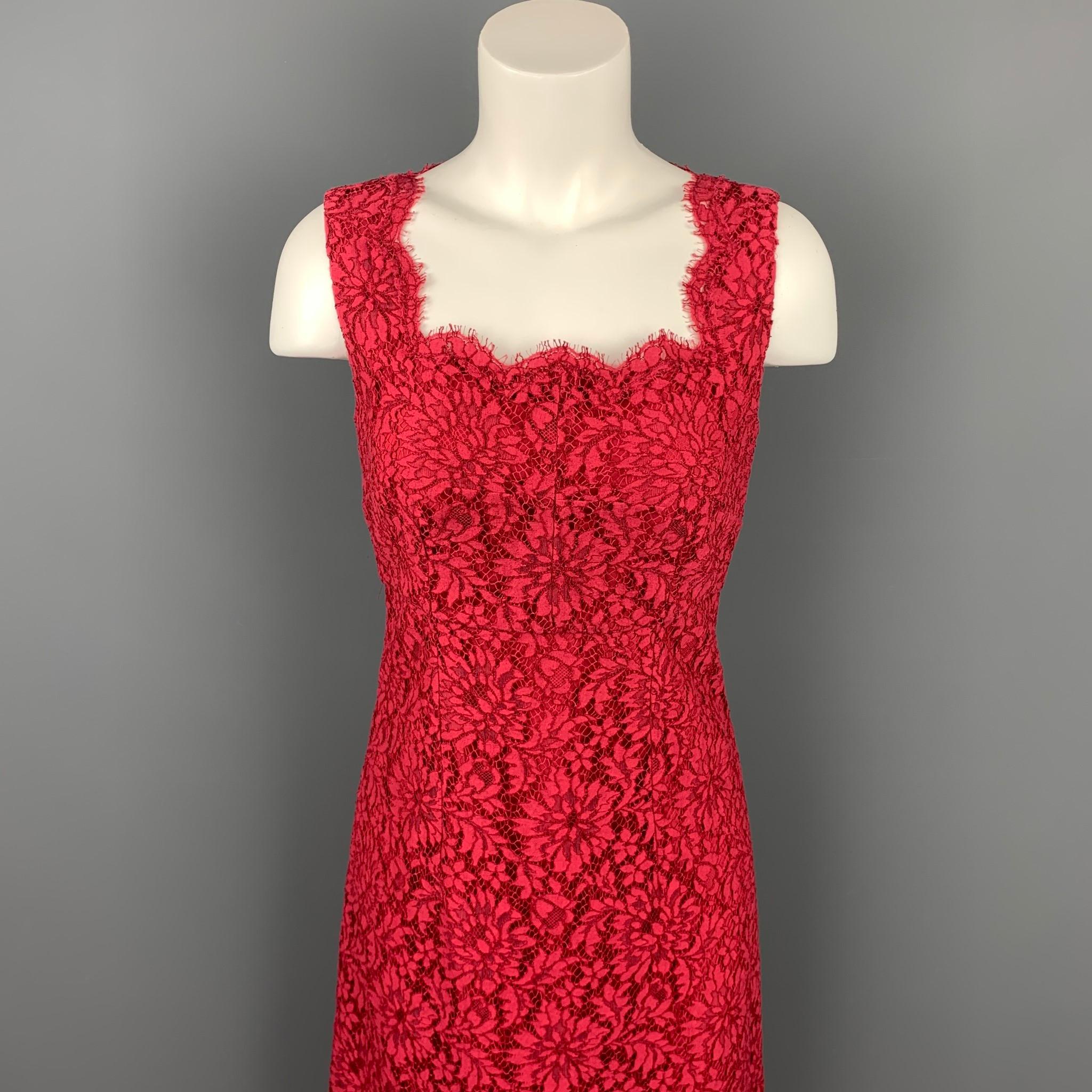 DOLCE & GABBANA dress comes in a red lace material with a silk slip liner featuring a sheathe style, sleeveless, and a back zip up closure. Made in Italy.

Good Pre-Owned Condition.
Marked: No size marked

Measurements:

Shoulder: 14.5 in. 
Bust: 33