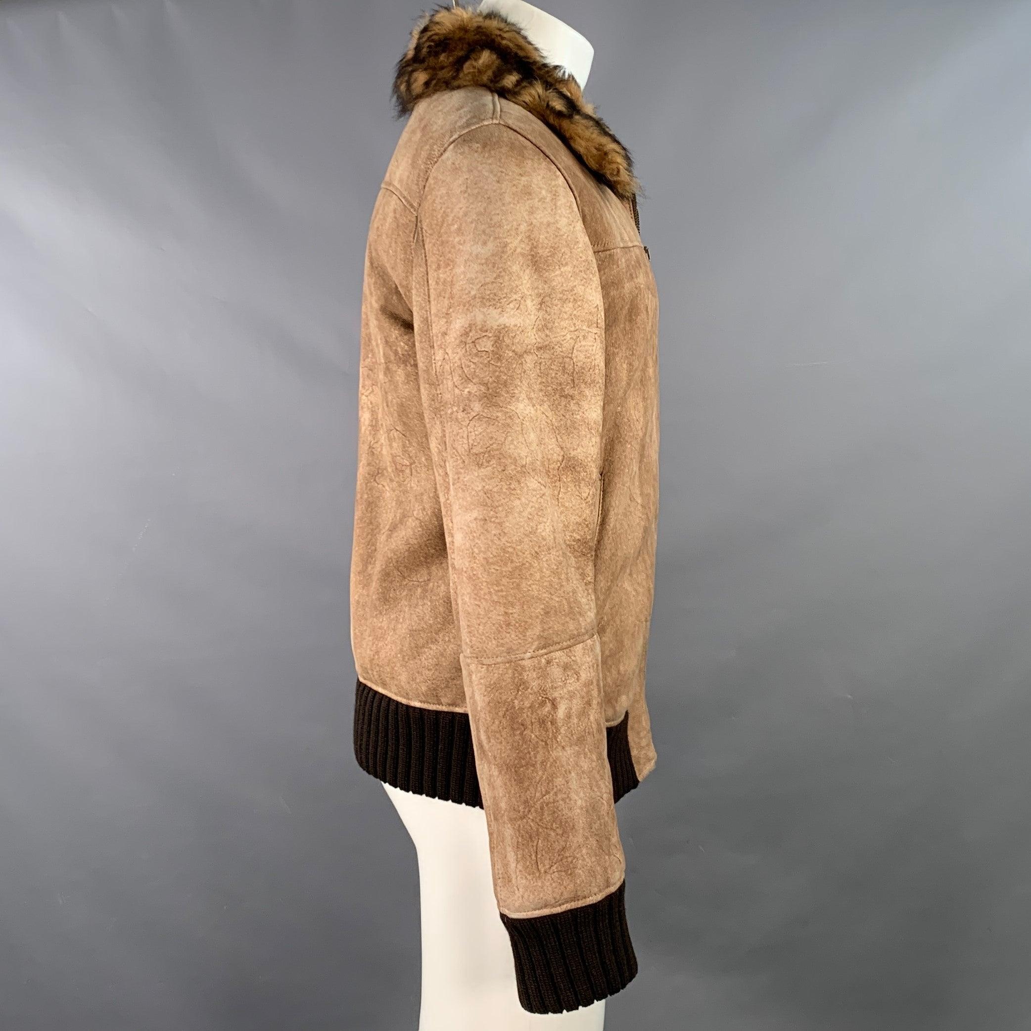 DOLCE & GABBANA Size 40 Brown Distressed Deerskin Leather Shearling Zip Up Jacket In Good Condition For Sale In San Francisco, CA
