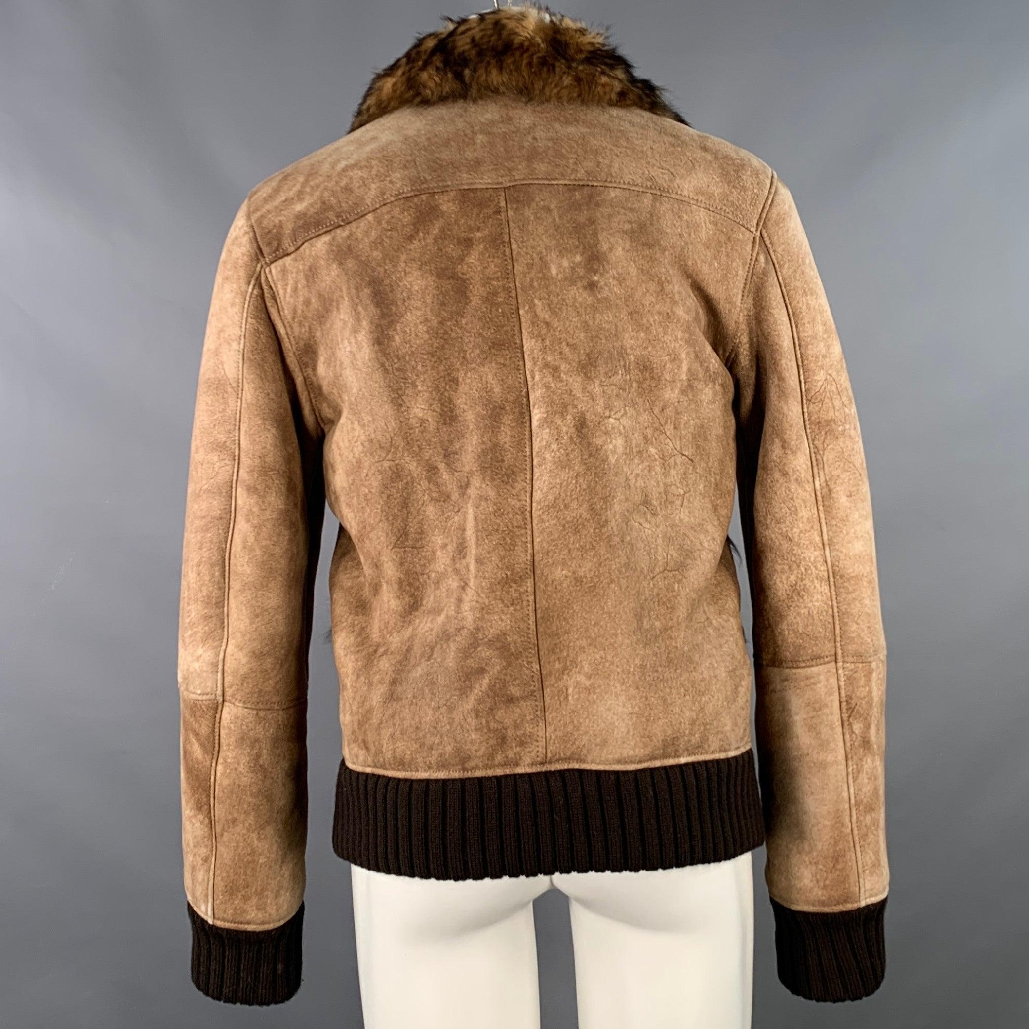 Men's DOLCE & GABBANA Size 40 Brown Distressed Deerskin Leather Shearling Zip Up Jacket For Sale