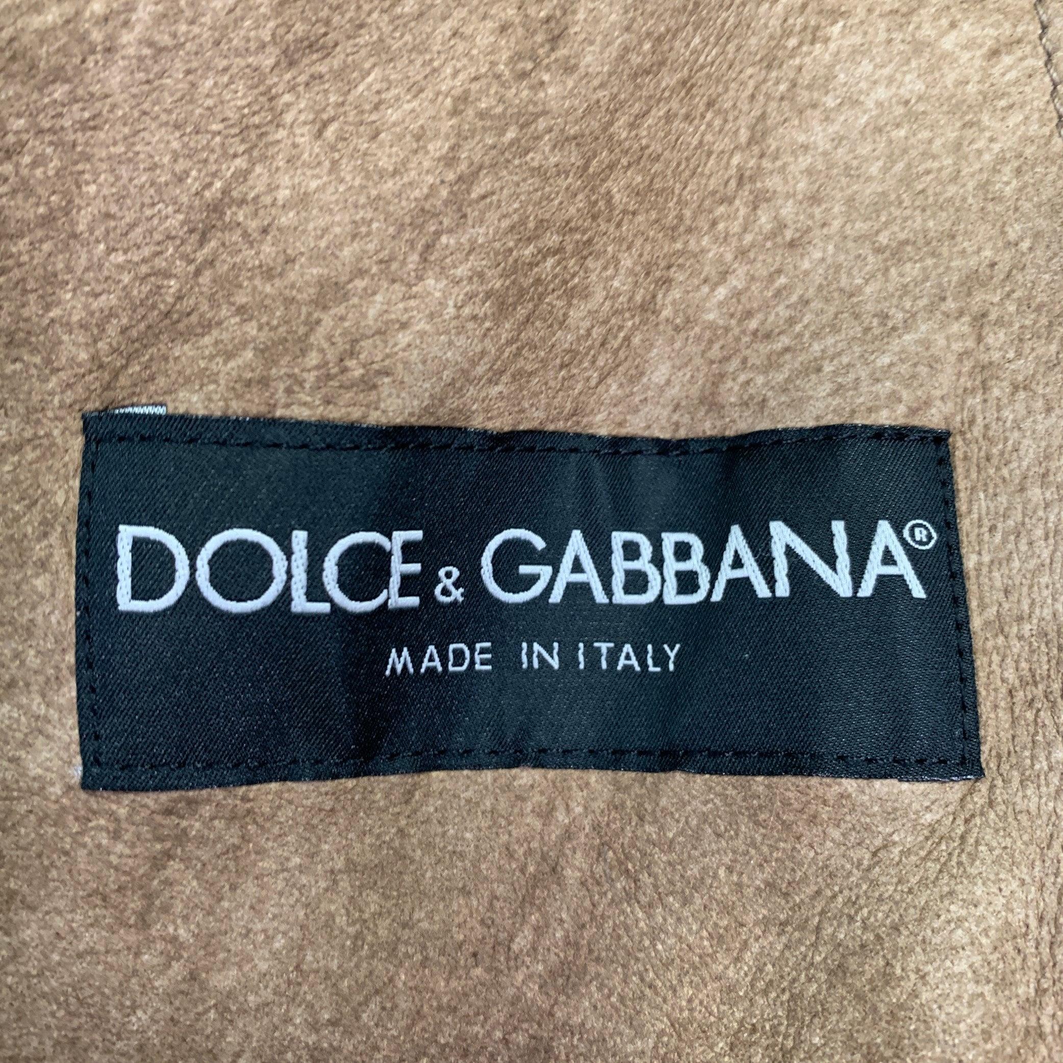 DOLCE & GABBANA Size 40 Brown Distressed Deerskin Leather Shearling Zip Up Jacket For Sale 2