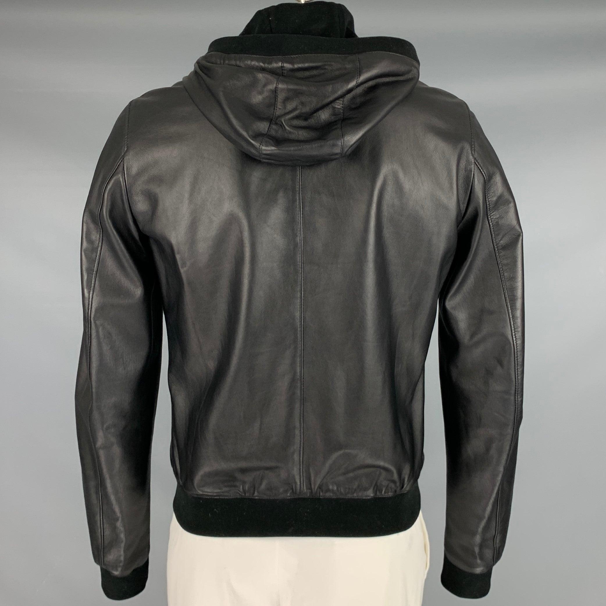 Nero DOLCE & GABBANA Giacca con cappuccio in pelle di agnello nera taglia 42 in vendita