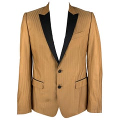 DOLCE & GABBANA Cappotto sportivo in misto seta a spina di pesce nero tan taglia 42