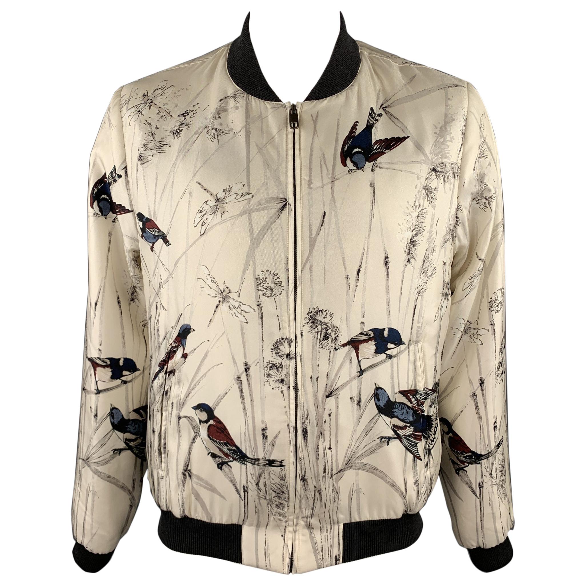 DOLCE and GABBANA Size 44 Beige Bird Print Silk Zip Up Jacket