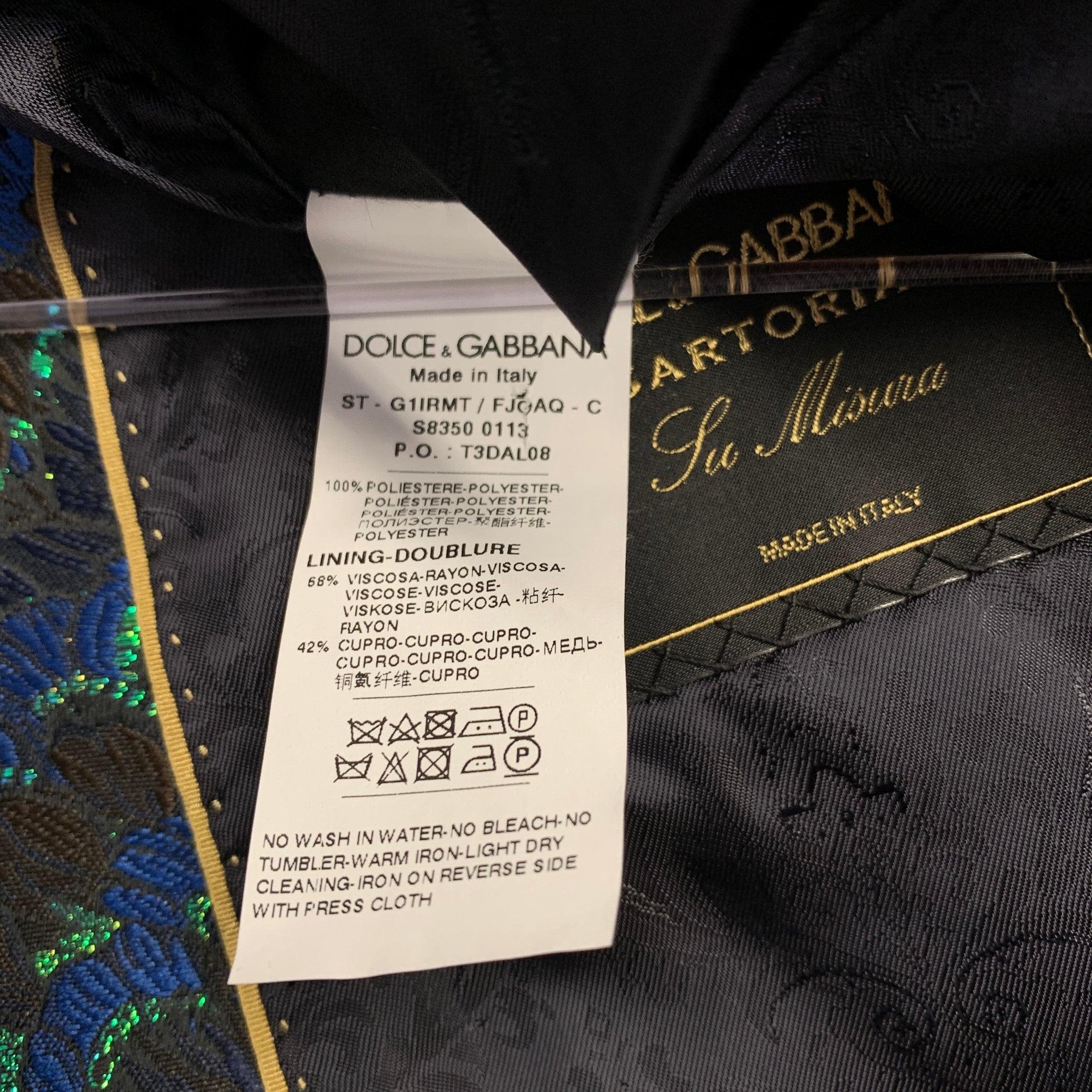 DOLCE & GABBANA Size 44 Black Green Blue Jacquard Polyester Suit For Sale 6