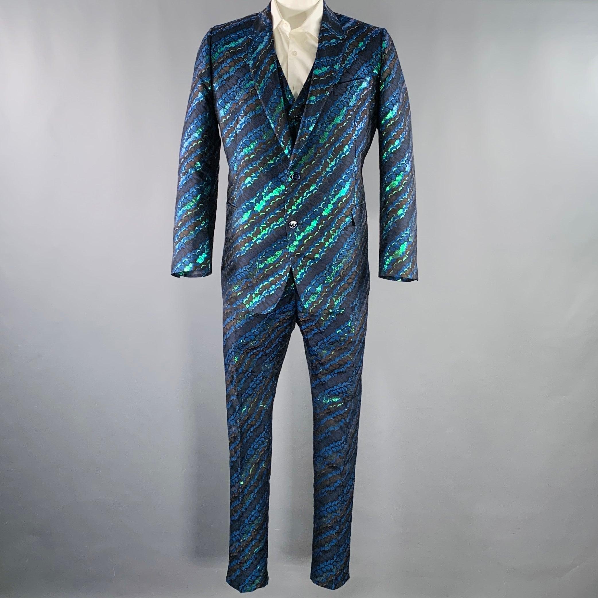 DOLCE & GABBANA Size 44 Black Green Blue Jacquard Polyester Suit In Excellent Condition For Sale In San Francisco, CA