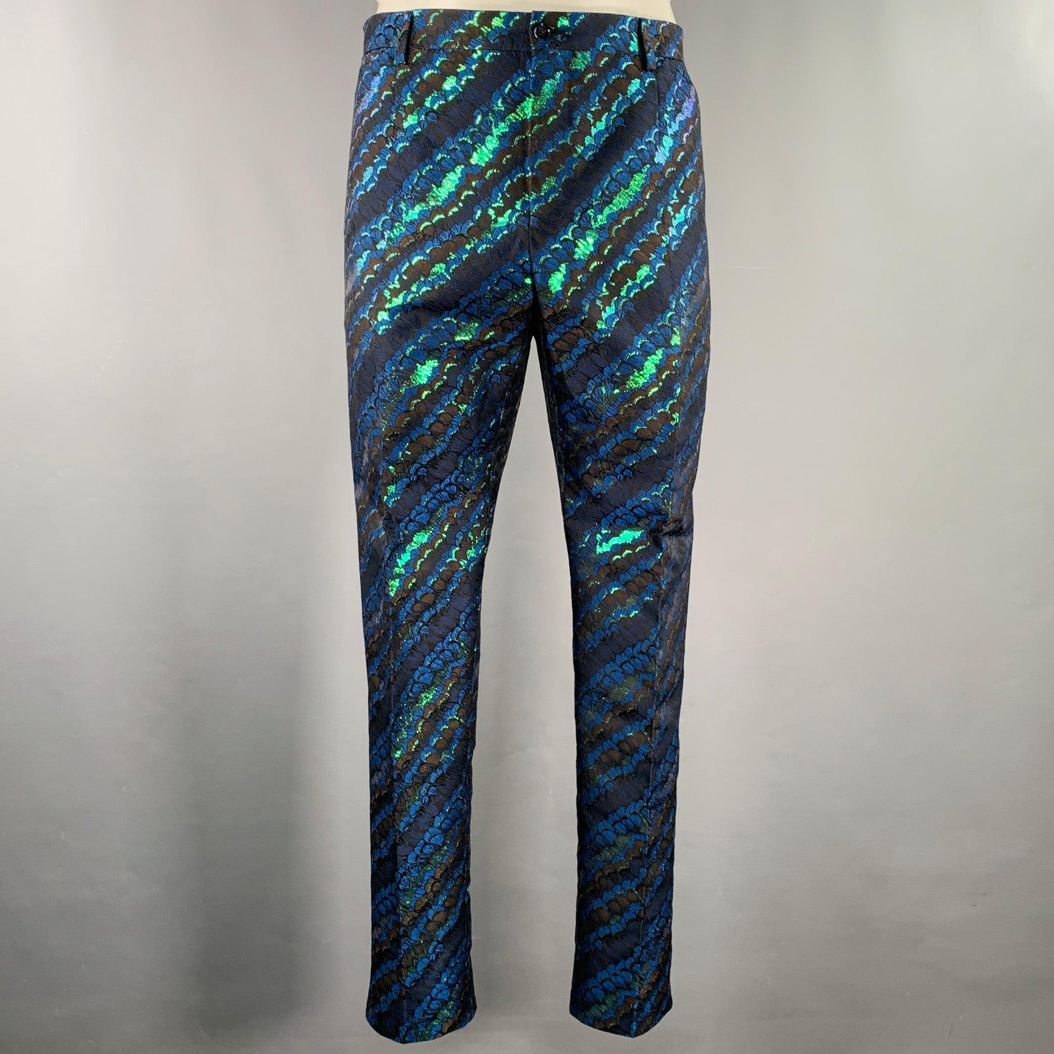 DOLCE & GABBANA Size 44 Black Green Blue Jacquard Polyester Suit For Sale 1