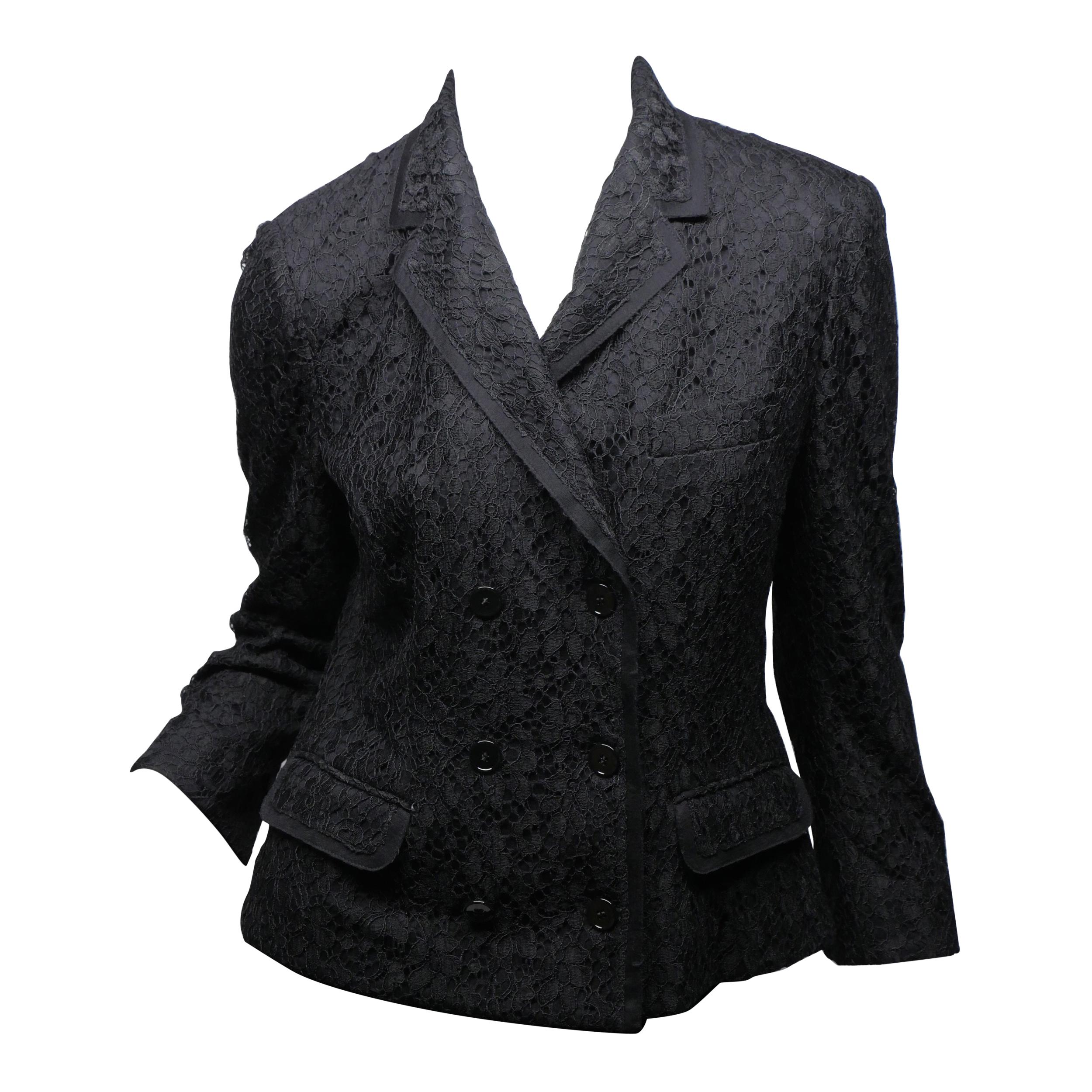 Dolce & Gabbana Size 44 Black Lace 3/4 Sleeve Double Breasted Jacket