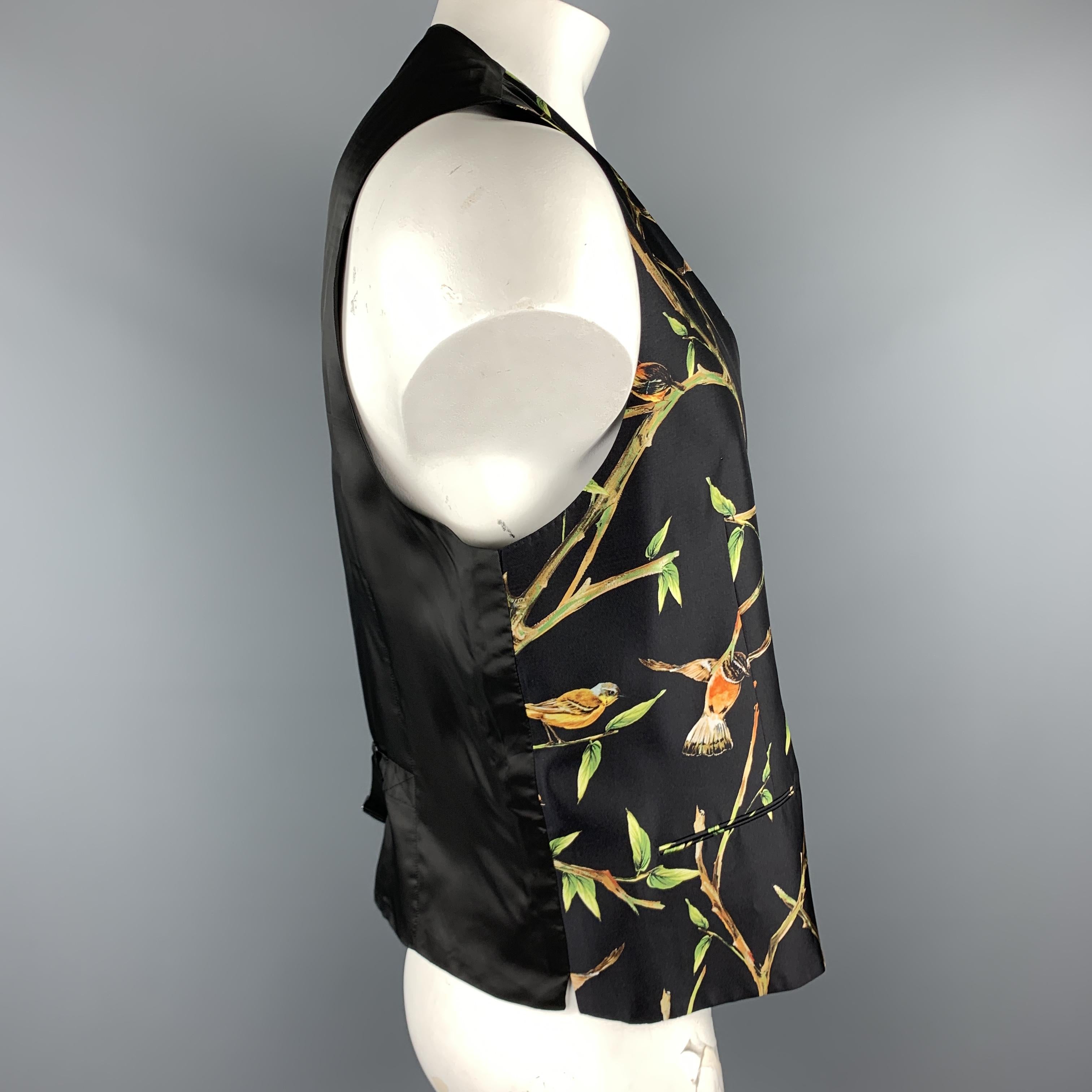 Men's DOLCE & GABBANA Size 46 Black Bird Print Silk Buttoned Vest