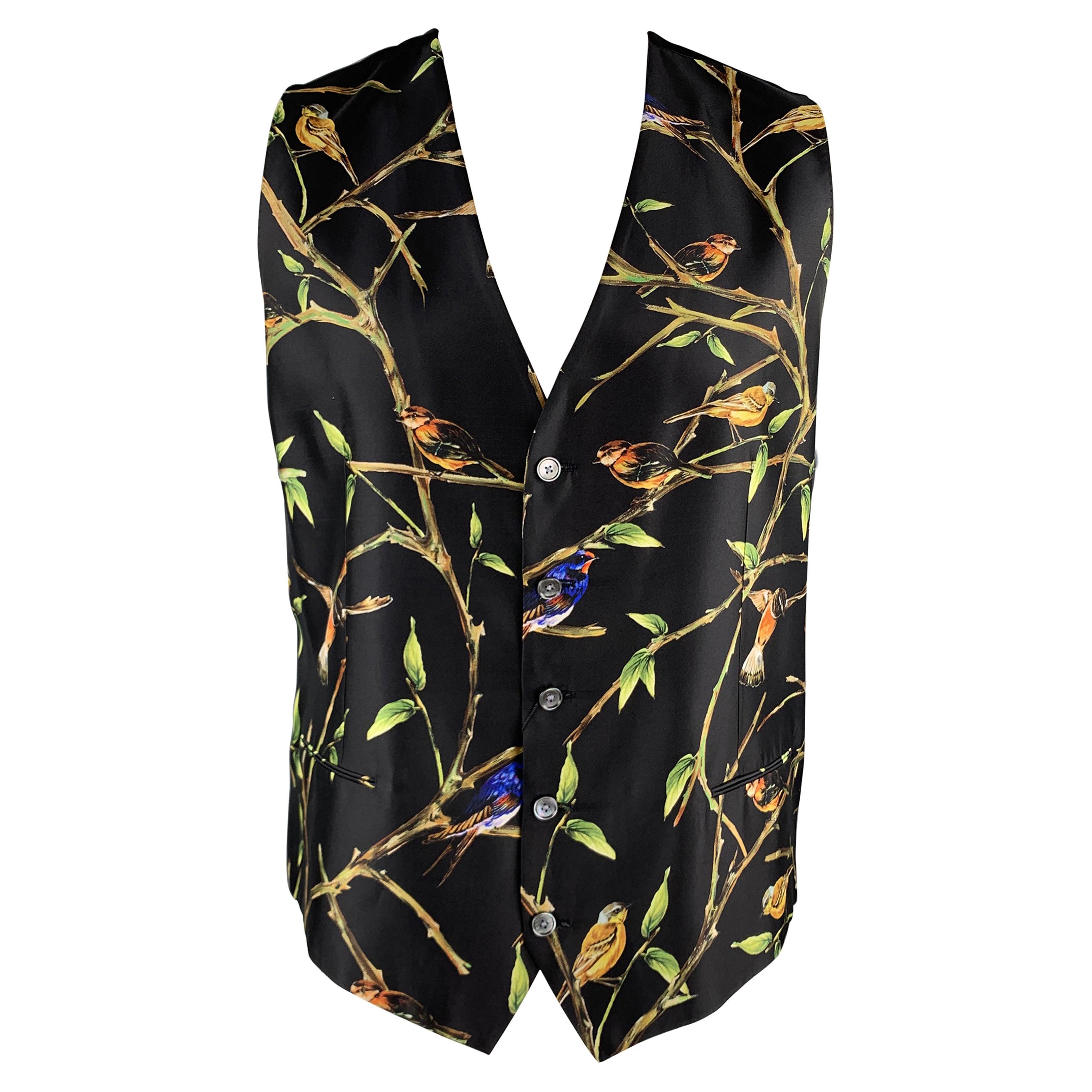 DOLCE & GABBANA Size 46 Black Bird Print Silk Buttoned Vest