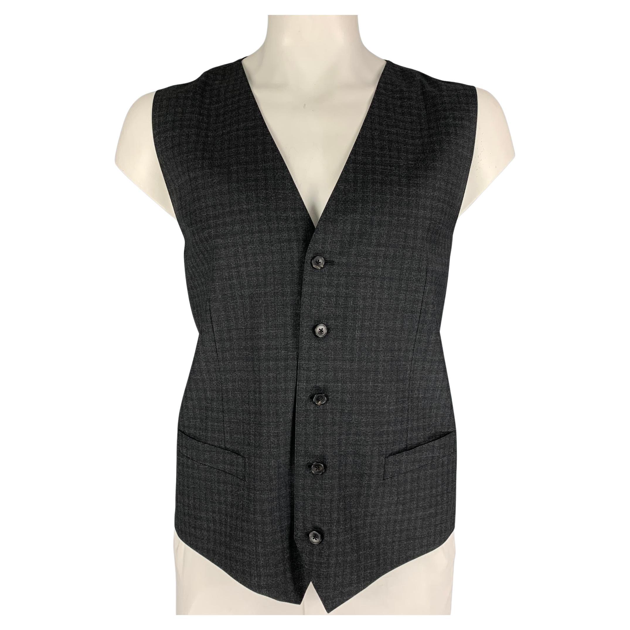DOLCE & GABBANA Size 46 Charcoal Plaid Wool Buttoned Grey Vest