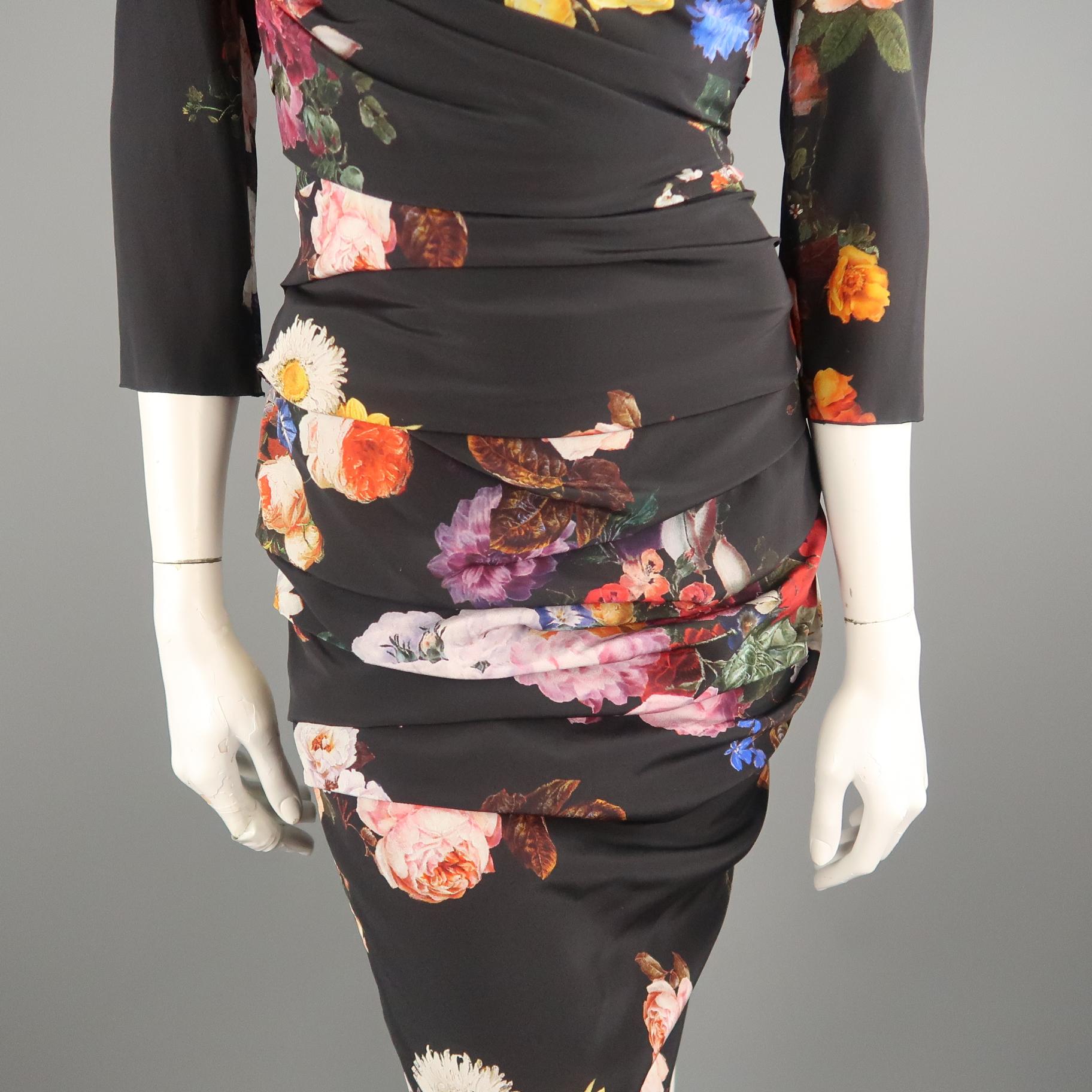 DOLCE & GABBANA Size 6 Black Multi-Color Floral Silk Draped 3/4 Sleeve Dress In New Condition In San Francisco, CA