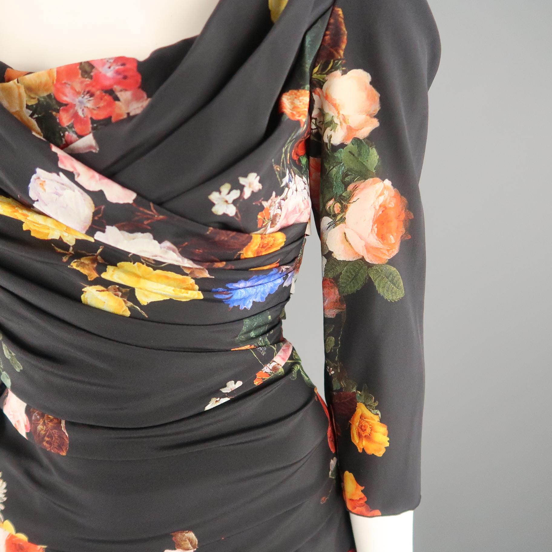 Women's DOLCE & GABBANA Size 6 Black Multi-Color Floral Silk Draped 3/4 Sleeve Dress