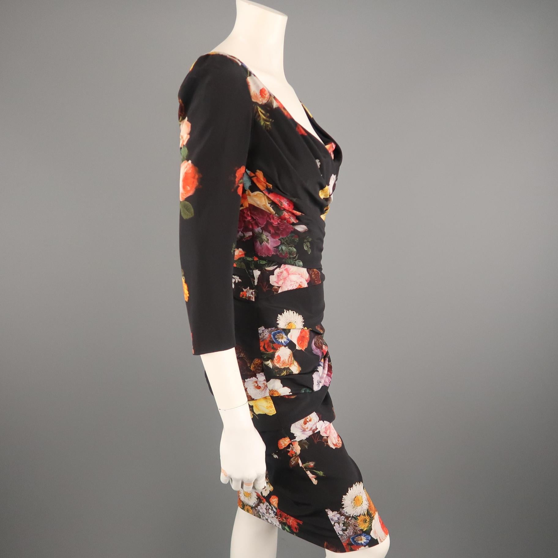 DOLCE & GABBANA Size 6 Black Multi-Color Floral Silk Draped 3/4 Sleeve Dress 1
