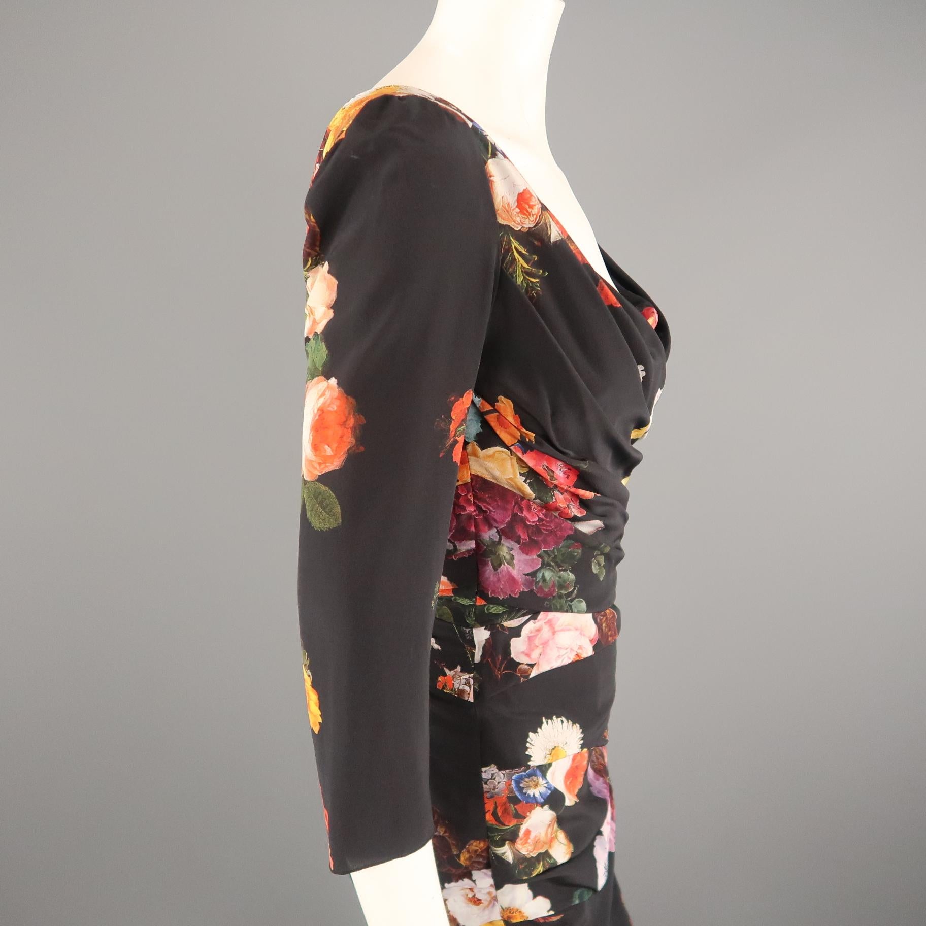 DOLCE & GABBANA Size 6 Black Multi-Color Floral Silk Draped 3/4 Sleeve Dress 2