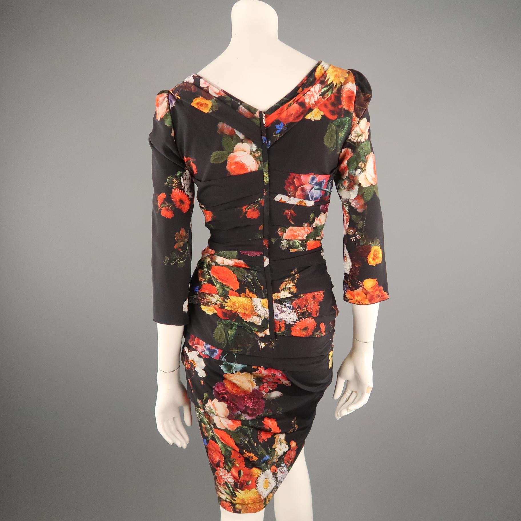 DOLCE & GABBANA Size 6 Black Multi-Color Floral Silk Draped 3/4 Sleeve Dress 3