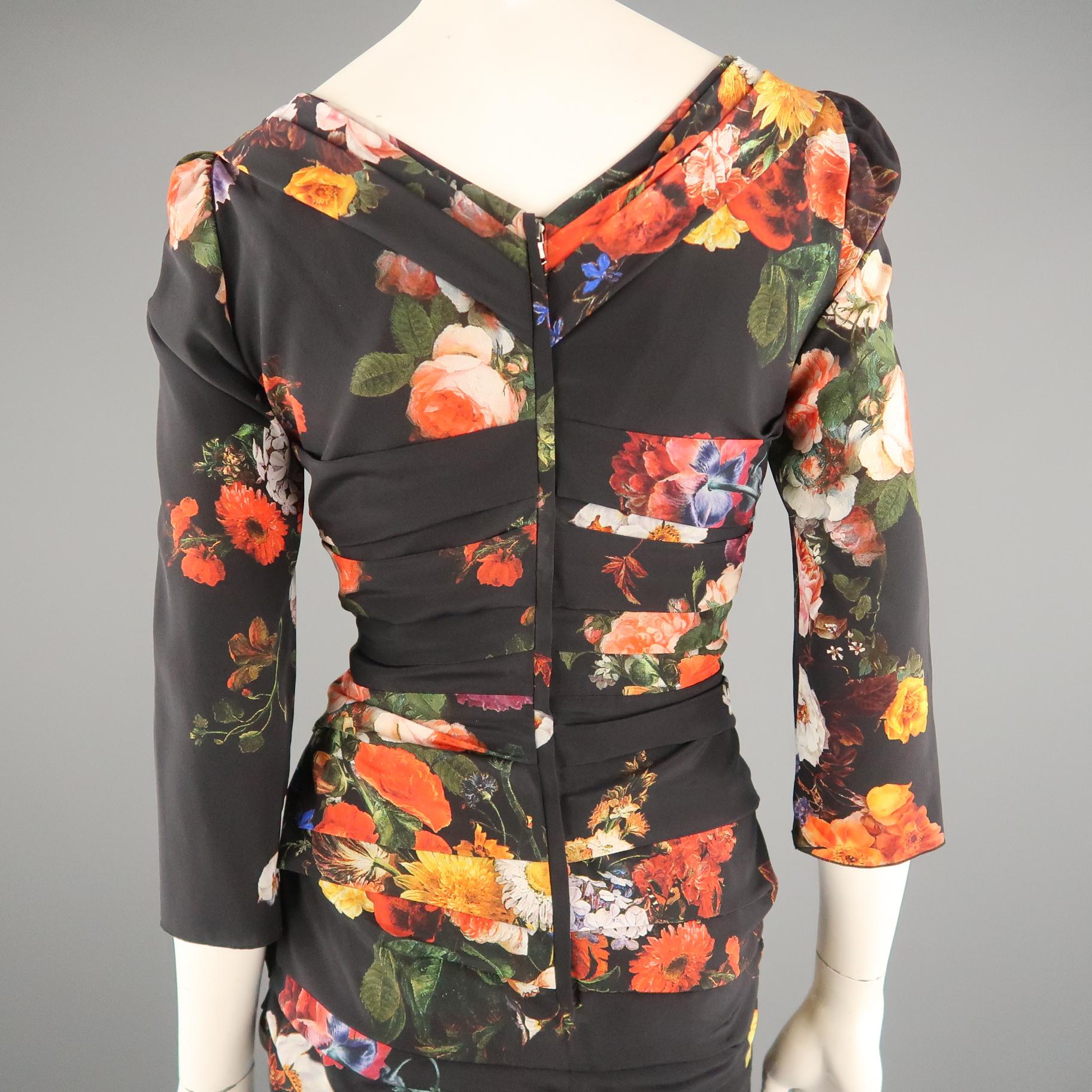 DOLCE & GABBANA Size 6 Black Multi-Color Floral Silk Draped 3/4 Sleeve Dress 4