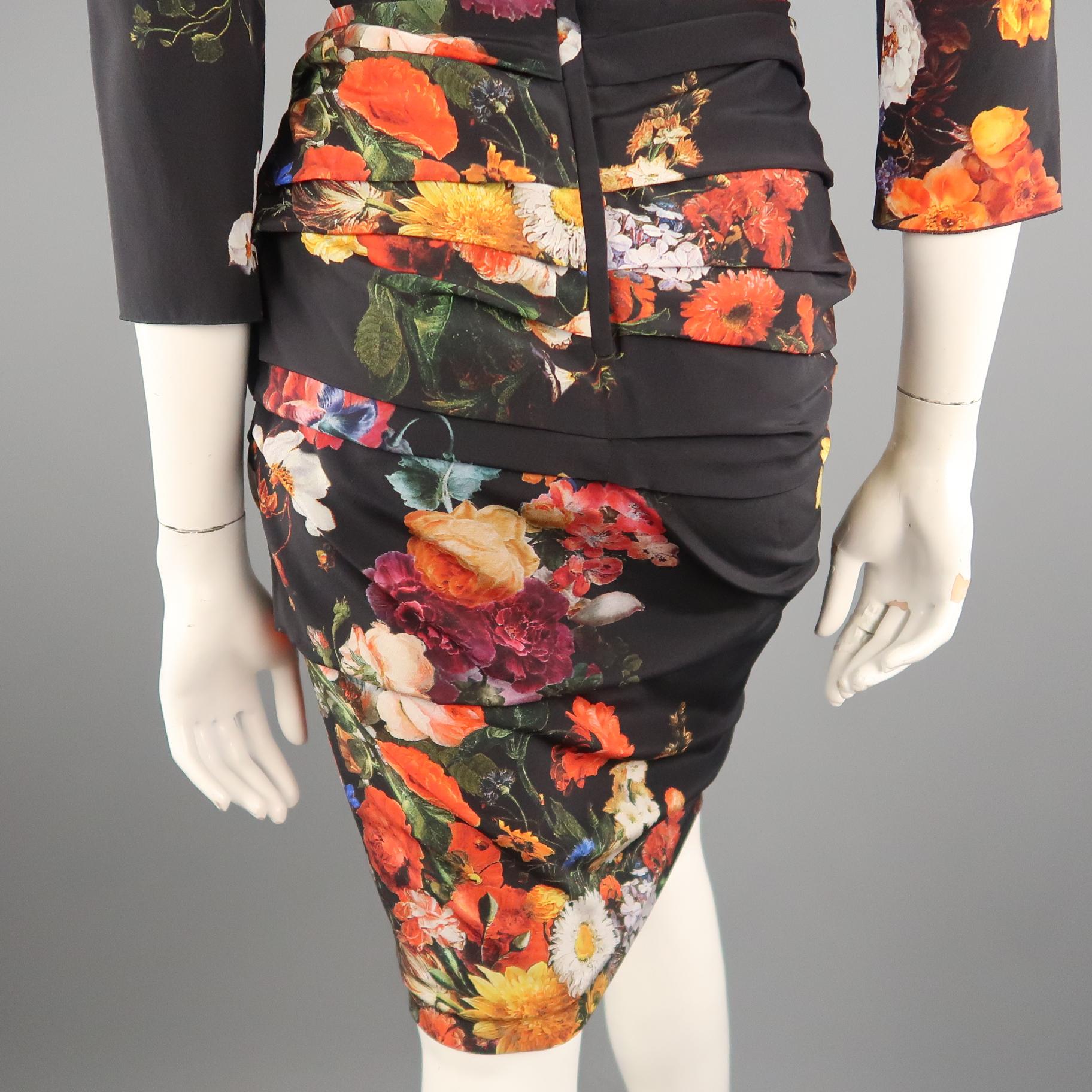 DOLCE & GABBANA Size 6 Black Multi-Color Floral Silk Draped 3/4 Sleeve Dress 5