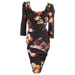 DOLCE 
GABBANA Size 6 Black Multi-Color Floral Silk Draped 3/4 Sleeve Dress