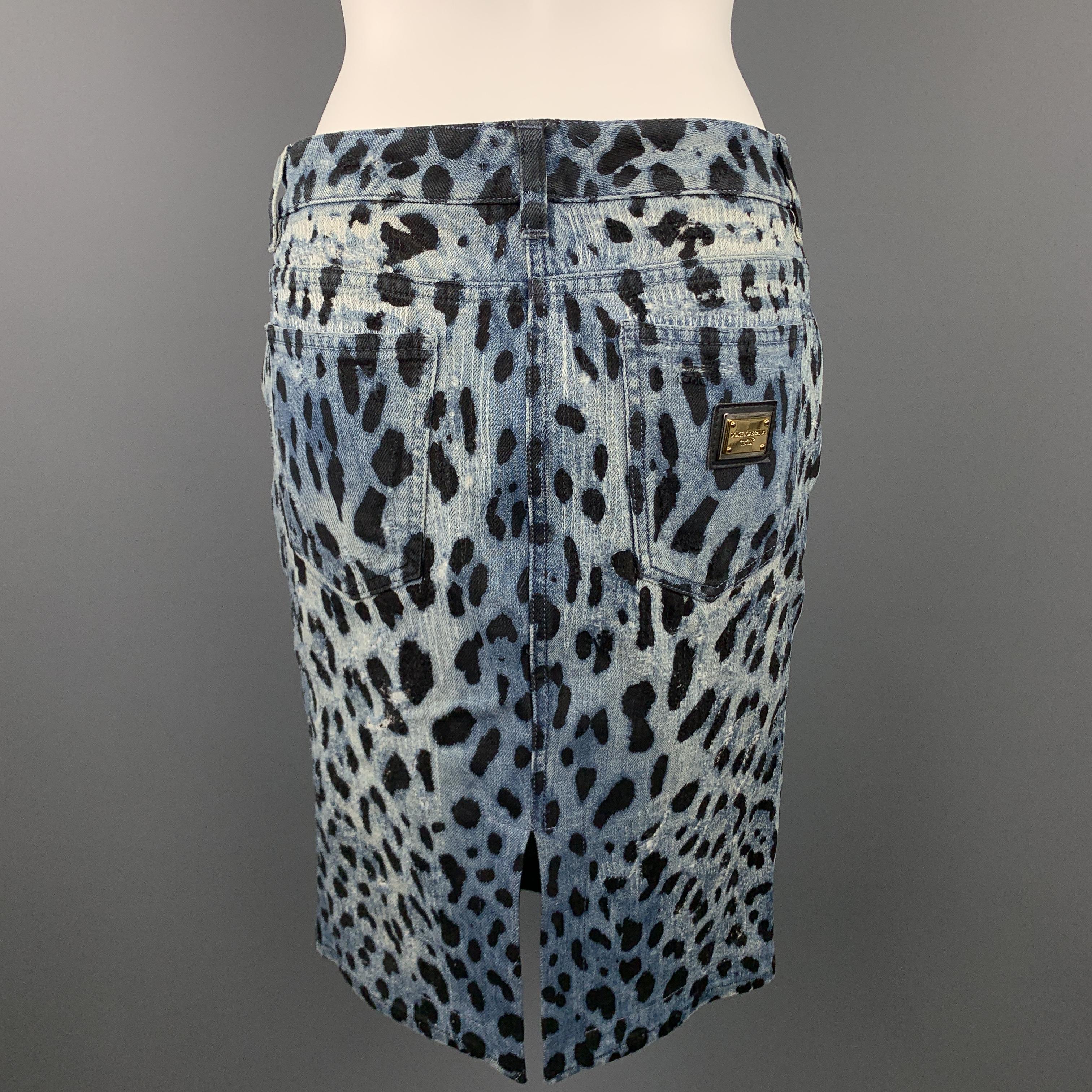 Black DOLCE & GABBANA Size 6 Blue Leopard Print Distressed Denim Pencil Skirt