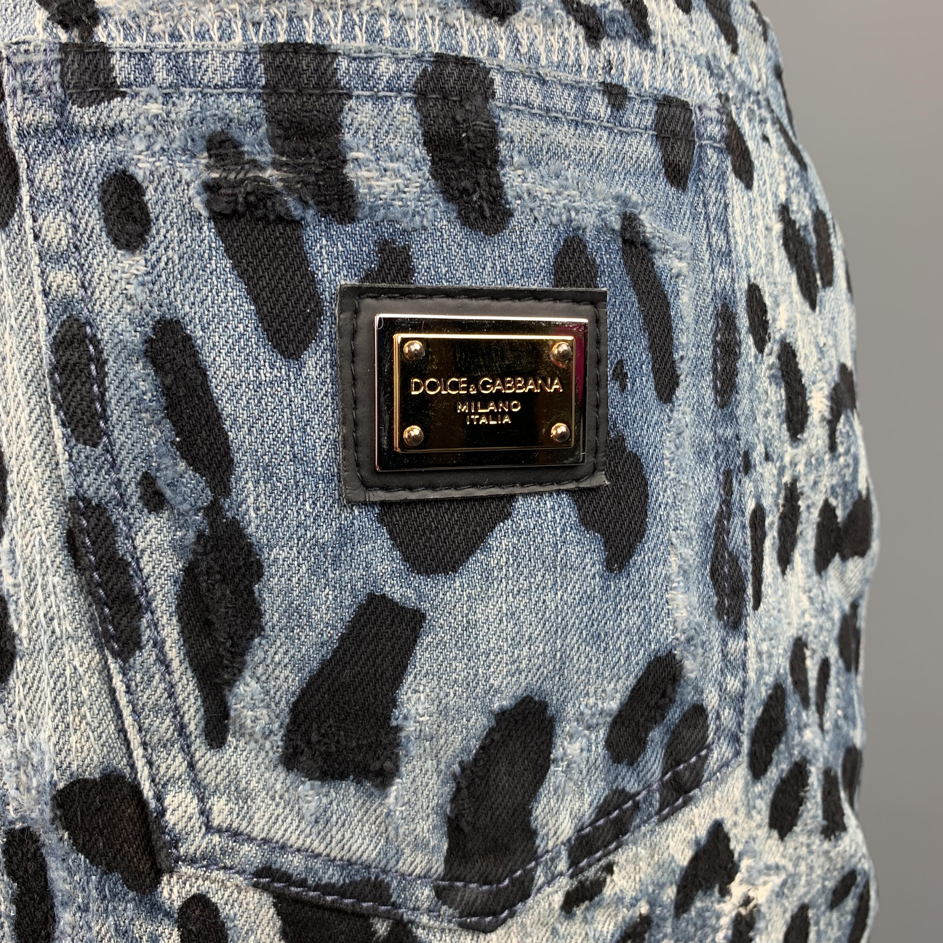 Women's DOLCE & GABBANA Size 6 Blue Leopard Print Distressed Denim Pencil Skirt