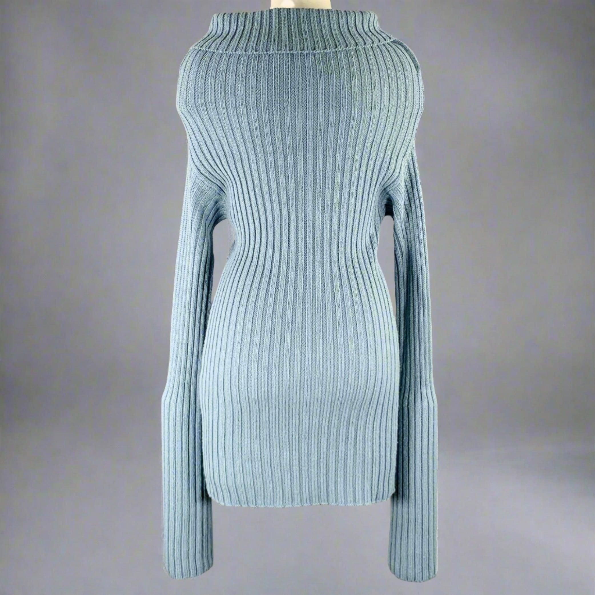 Women's DOLCE & GABBANA Size 6 Blue Virgin Wool Blend Ribbed Sweater For Sale