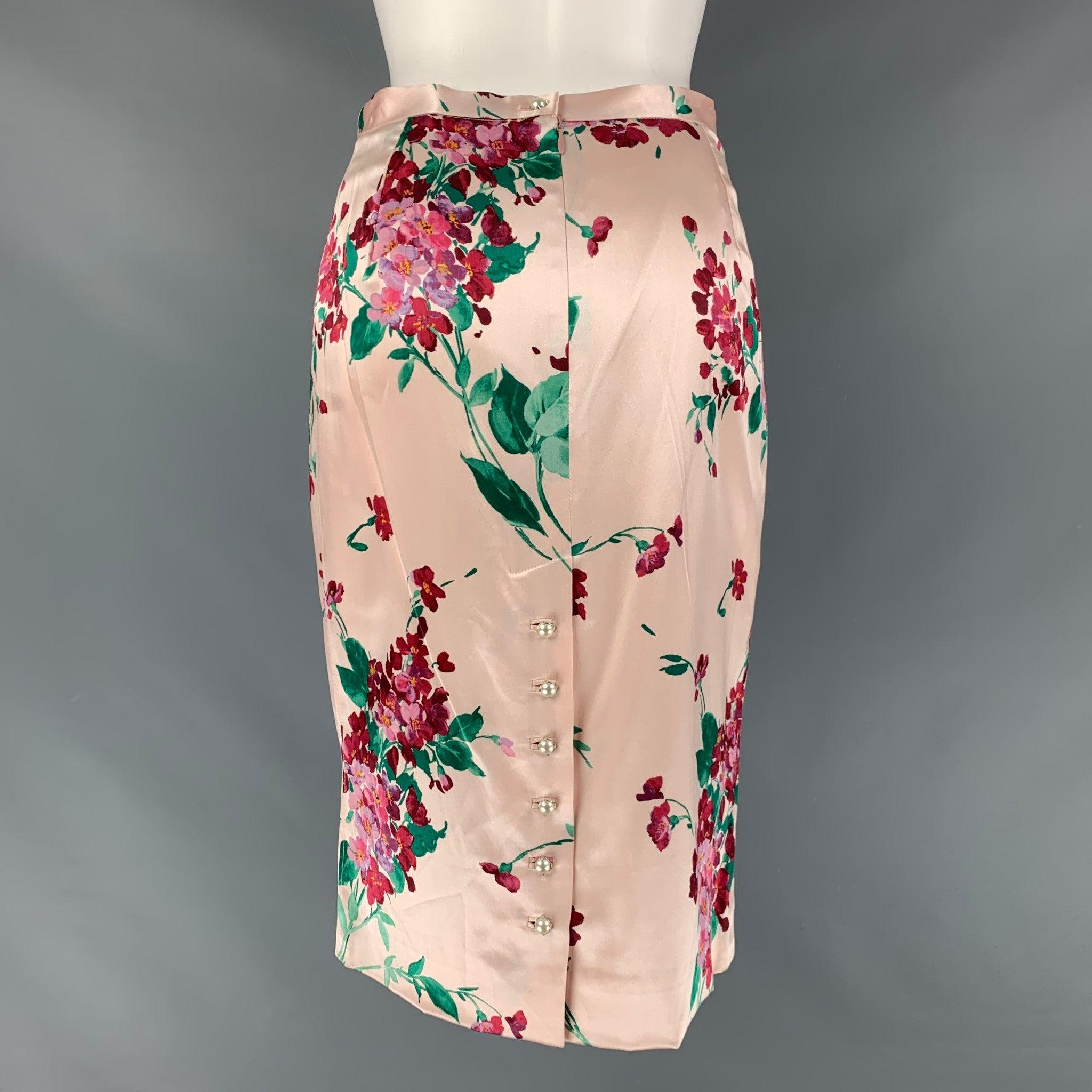 DOLCE & GABBANA Size 6 Blush &  Burgundy Silk and Spandex Floral Pencil Skirt In Excellent Condition In San Francisco, CA