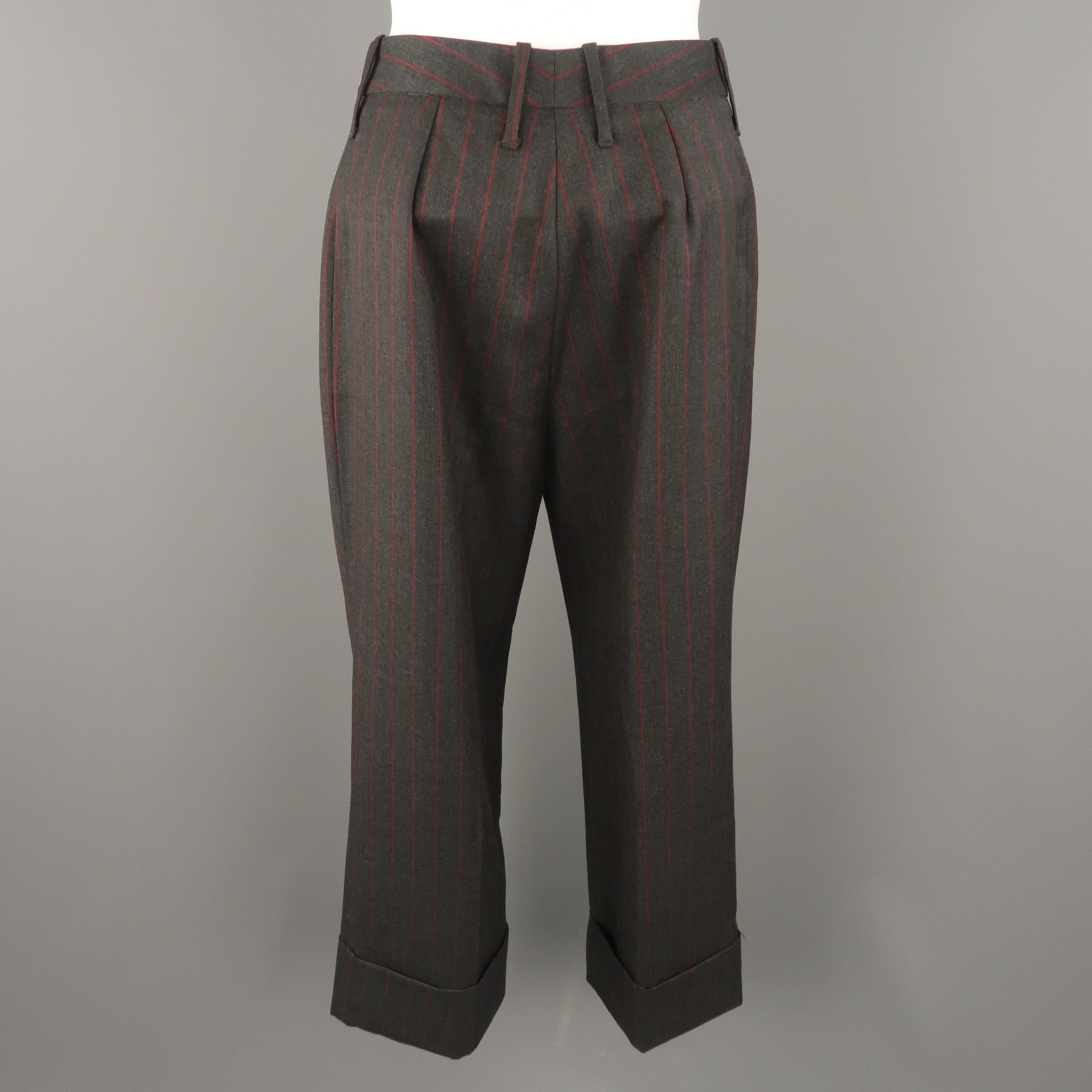  DOLCE & GABBANA Size 6 Charcoal & Red Chalkstripe Wool Cuffed Dress Pants In Excellent Condition In San Francisco, CA