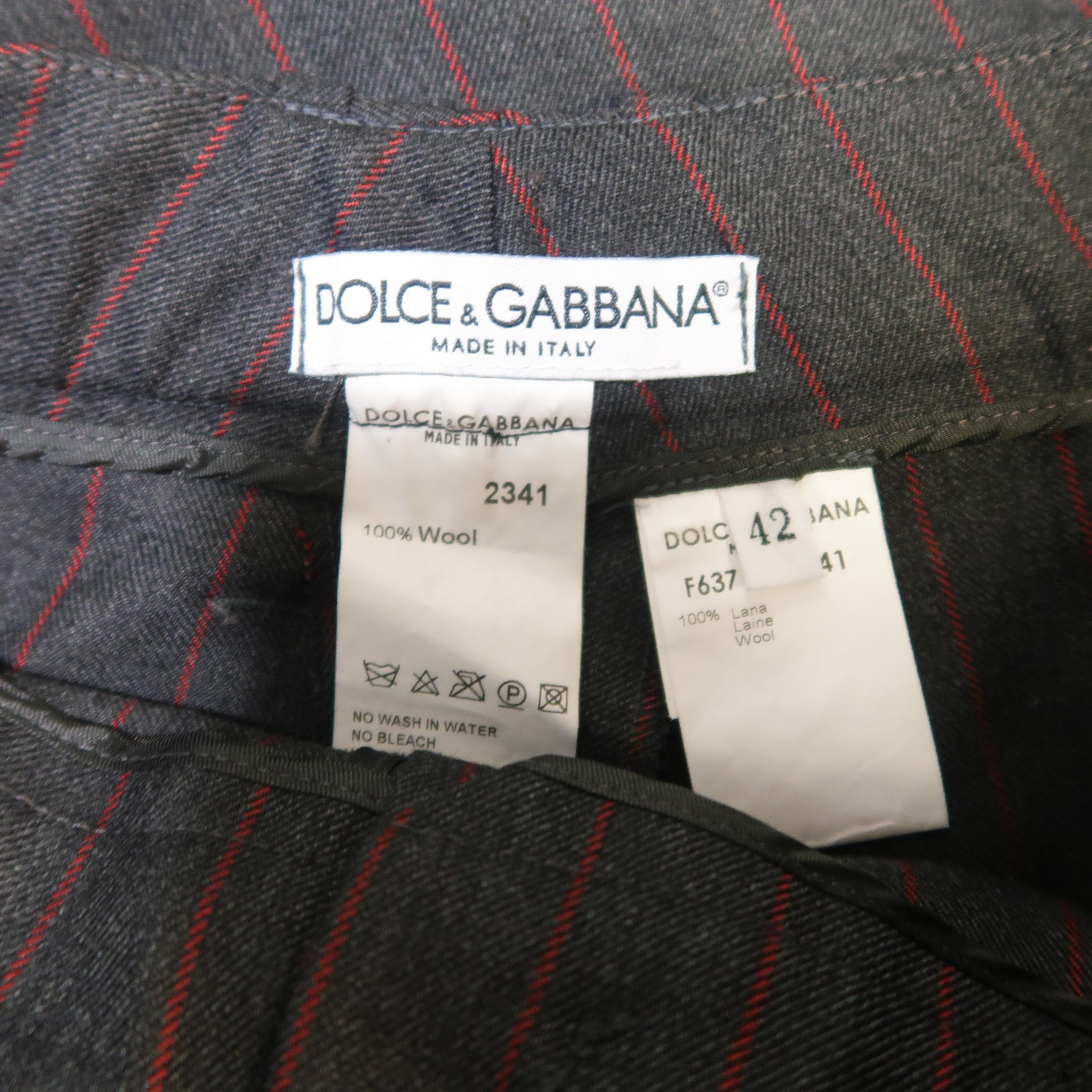 Women's  DOLCE & GABBANA Size 6 Charcoal & Red Chalkstripe Wool Cuffed Dress Pants