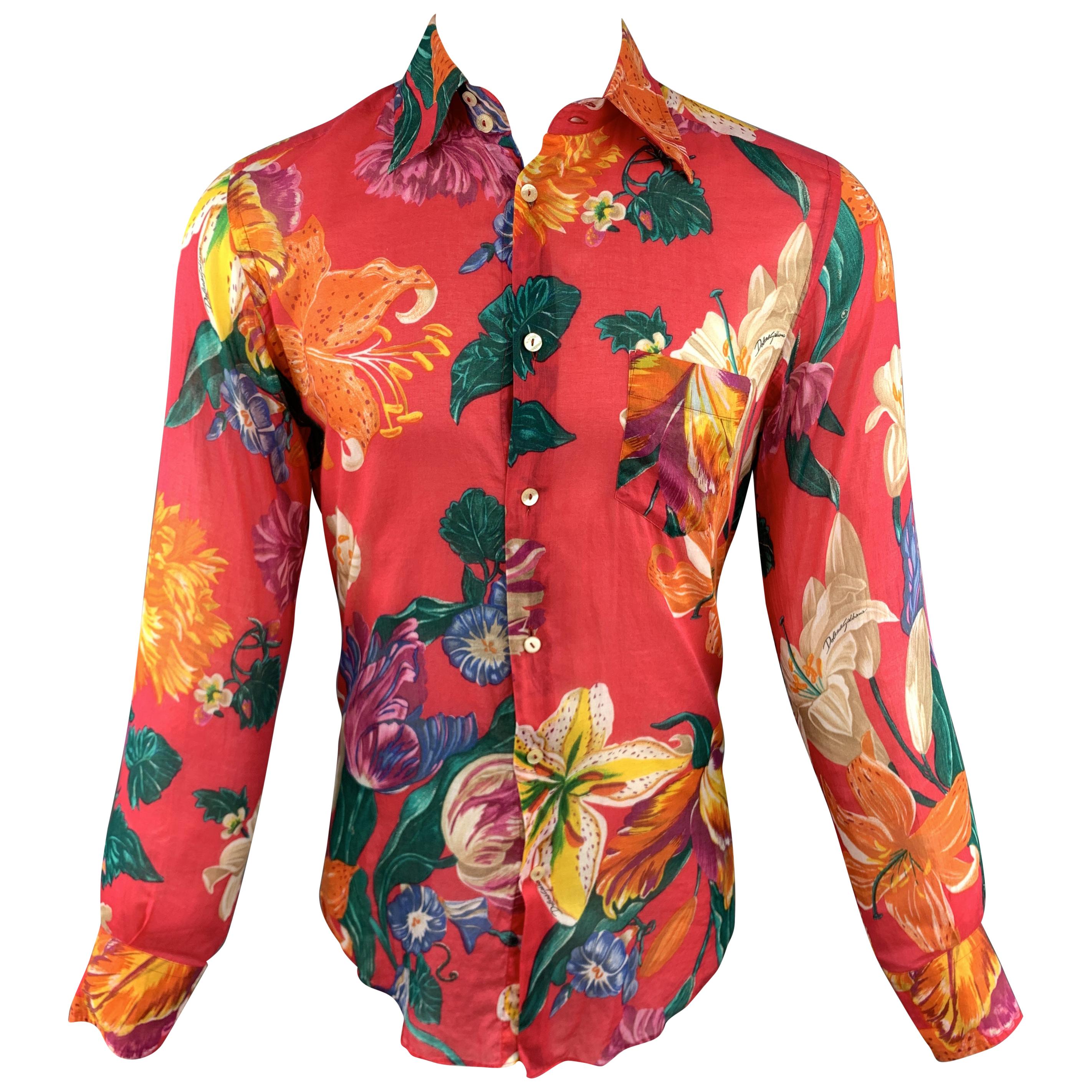 DOLCE & GABBANA Size 6 Floral Fuchsia Cotton Button Up Long Sleeve Shirt