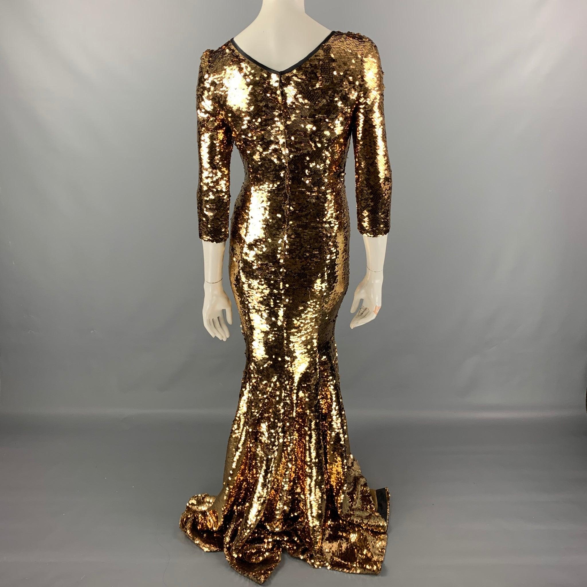 Women's DOLCE & GABBANA Size 6 Gold & Black Sequined Polyester Mermaid-Hem Gown For Sale