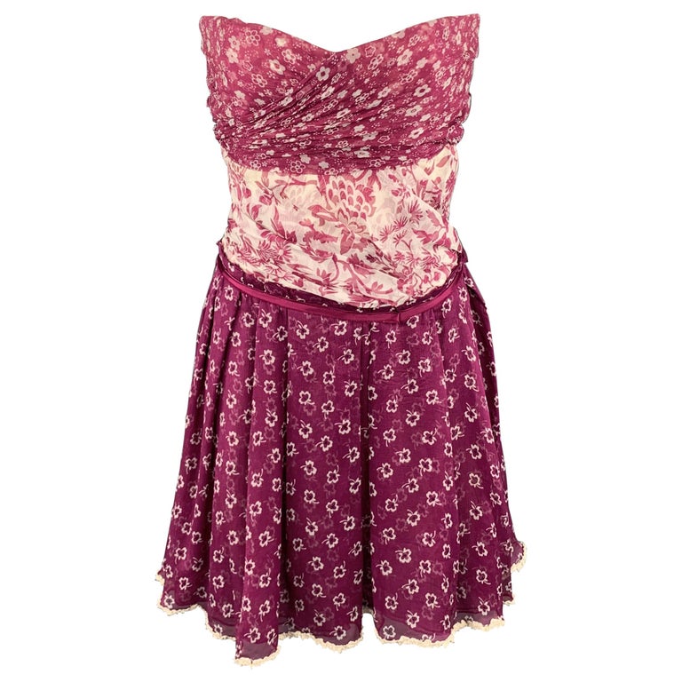DOLCE and GABBANA Size 6 Purple Floral Silk Strapless Bustier Dress For ...
