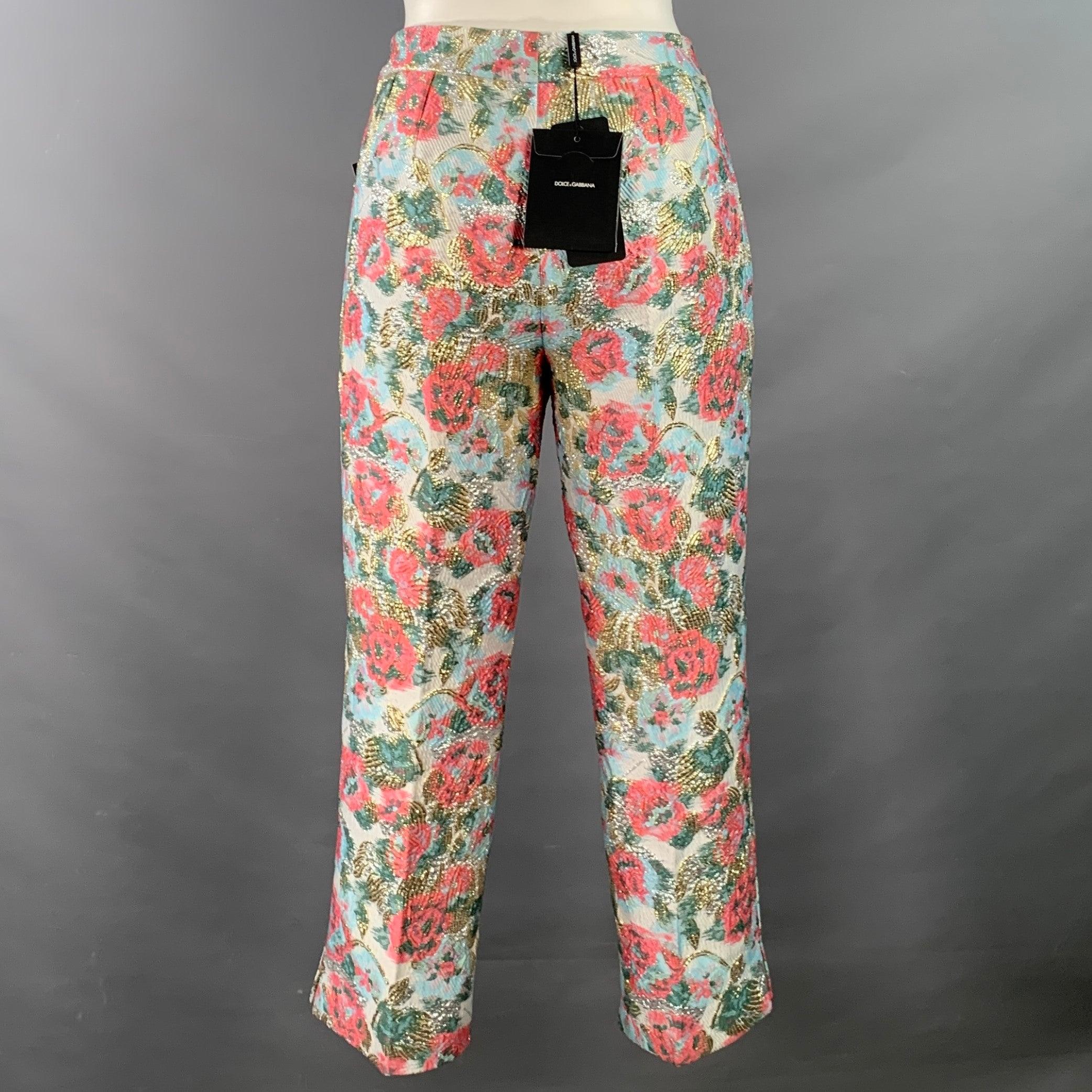 DOLCE & GABBANA Size 6 White Pink Jacquard Floral Capri Dress Pants In Excellent Condition For Sale In San Francisco, CA