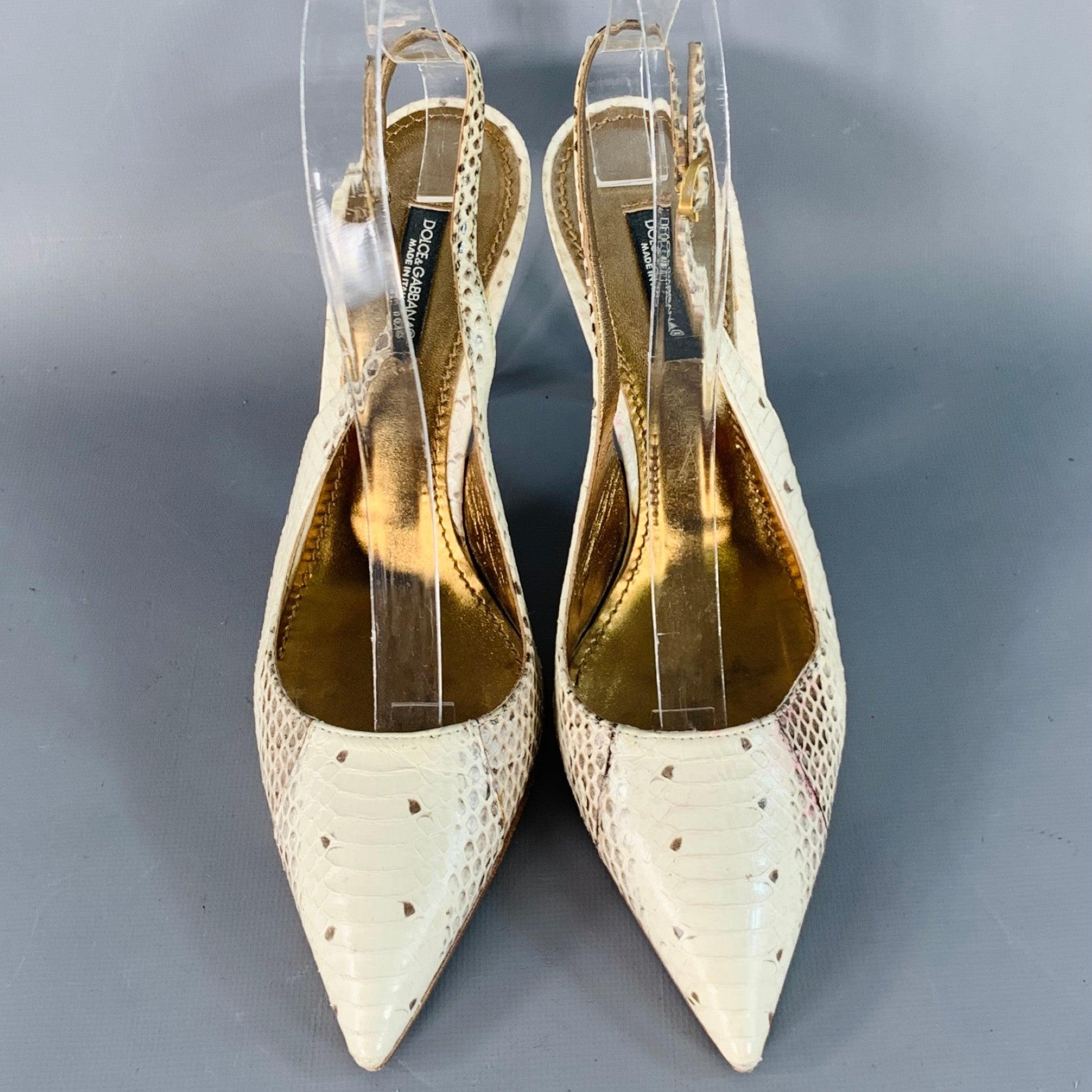 Dolce & Gabbana Taille 6.5 Beige Brown Snakeskin Leather Slingback Pumps Pour femmes en vente