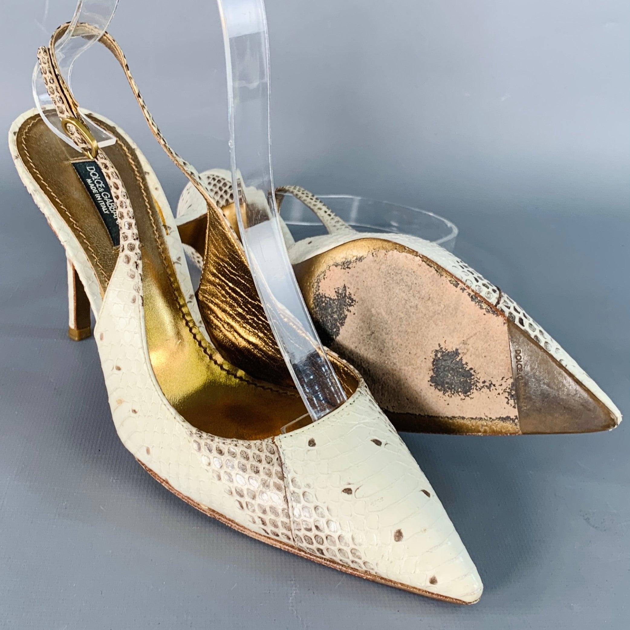 Dolce & Gabbana Taille 6.5 Beige Brown Snakeskin Leather Slingback Pumps en vente 1