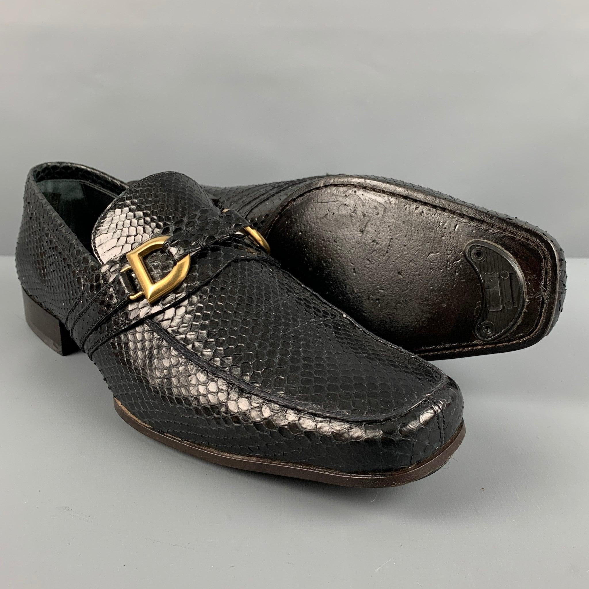 DOLCE & GABBANA Size 7 Black Textured Leather Slip On Loafers For Sale 1