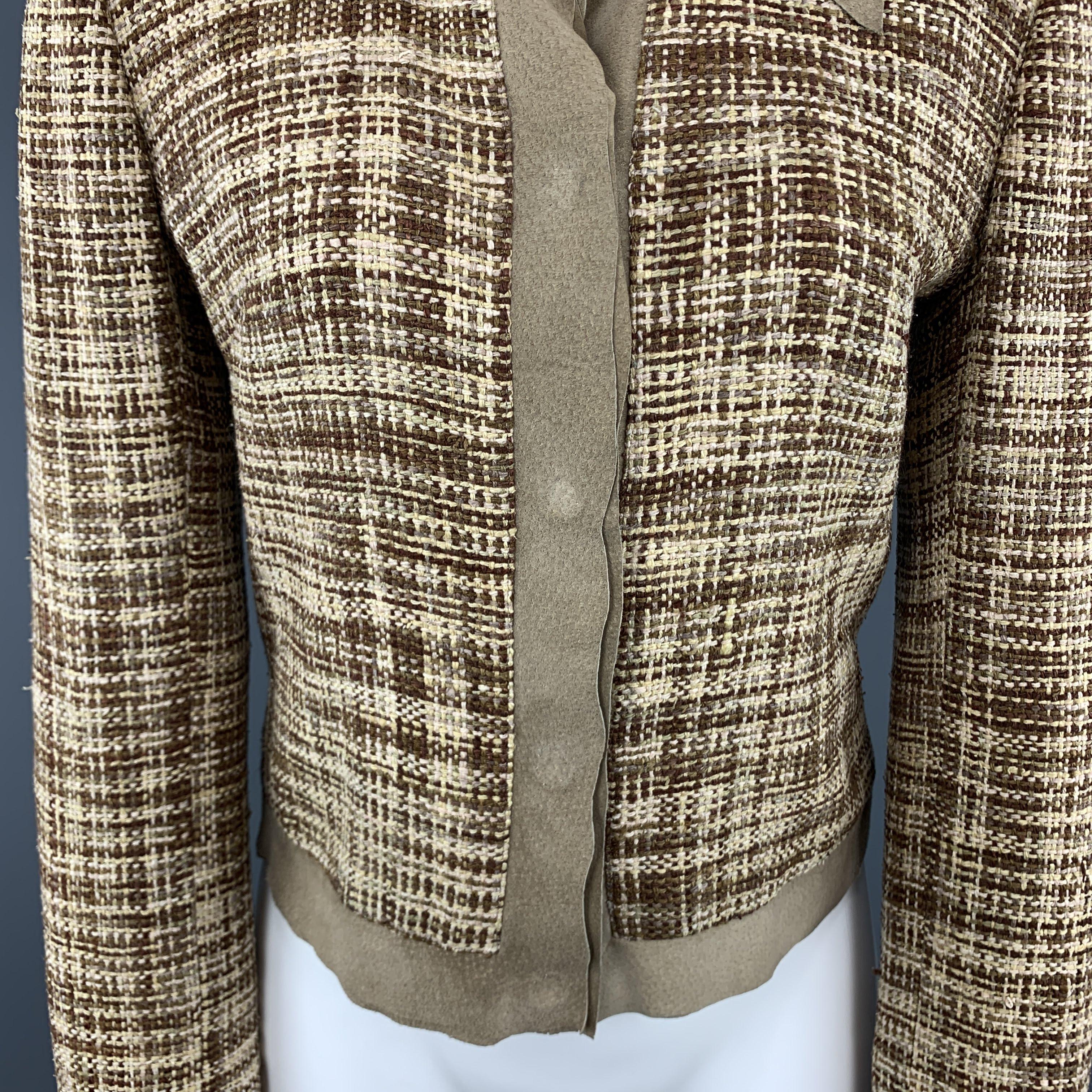 DOLCE & GABBANA Size 8 Beige & Brown Woven Silk Leather Trim Jacket In Excellent Condition In San Francisco, CA