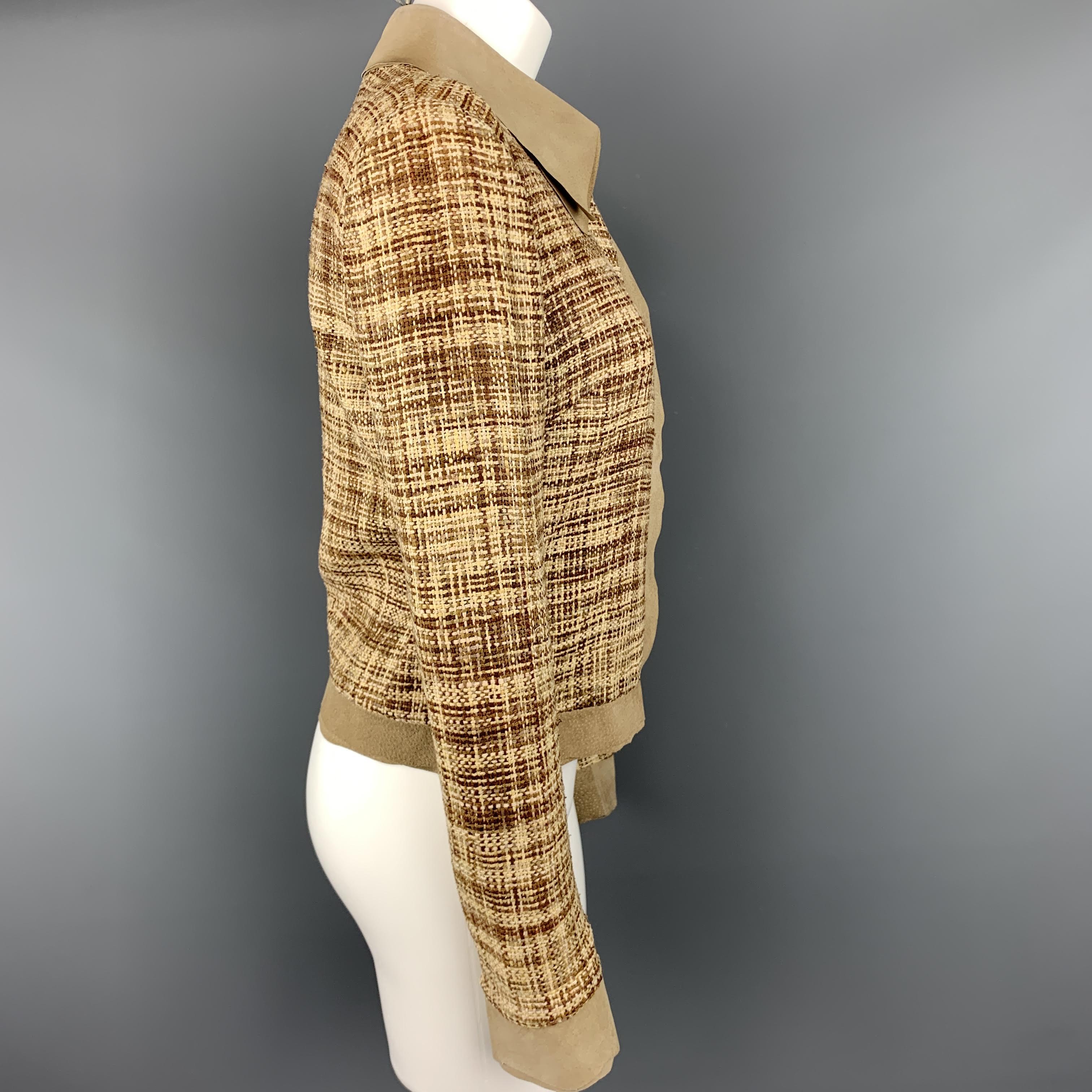 Women's DOLCE & GABBANA Size 8 Beige & Brown Woven Silk Leather Trim Jacket