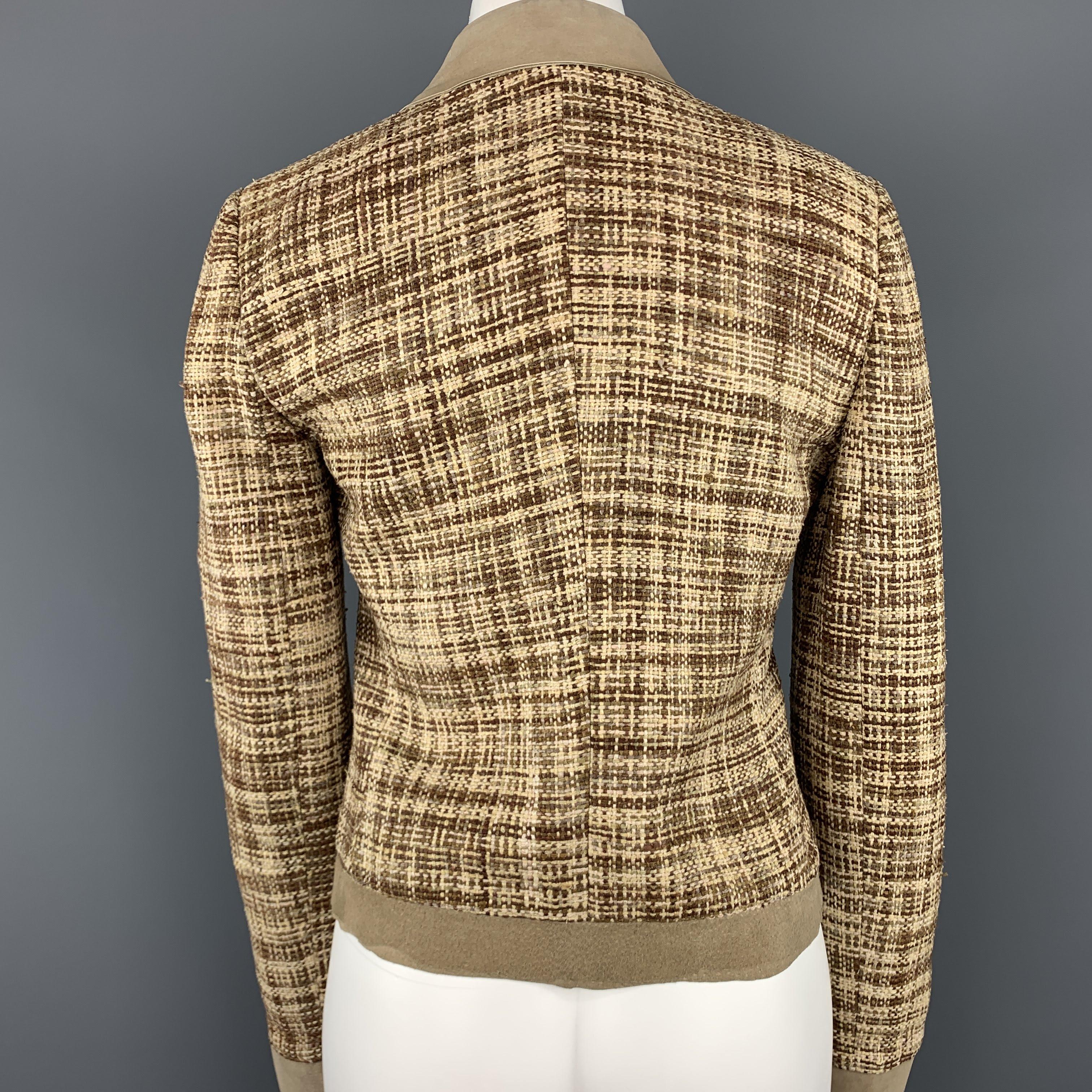 DOLCE & GABBANA Size 8 Beige & Brown Woven Silk Leather Trim Jacket 1