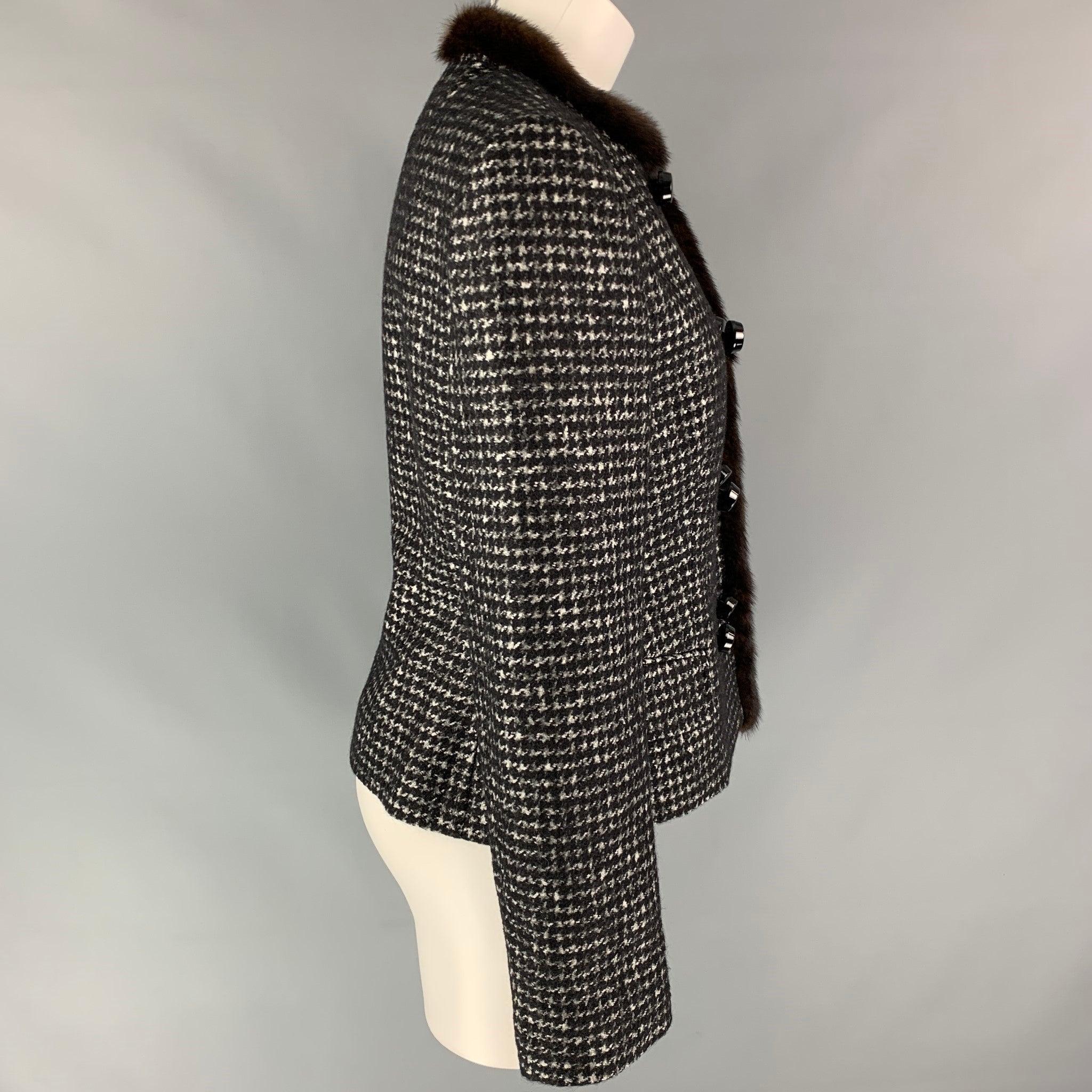 Gray DOLCE & GABBANA Size 8 Black & White Houndstooth Virgin Wool Blend Jacket