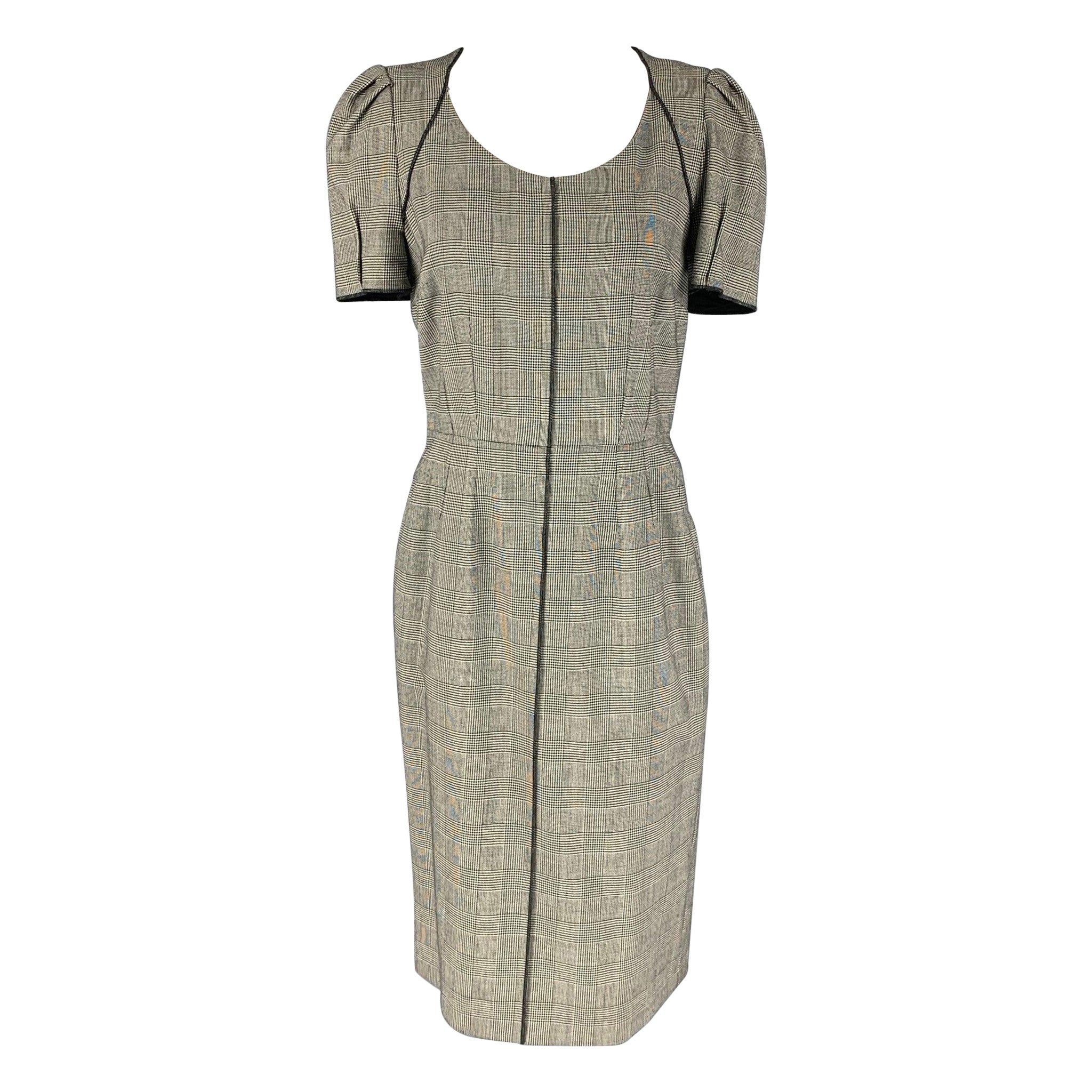 DOLCE & GABBANA Taglia 8 Vestito a maniche corte in lana ed elastan Glen a quadri, colore bianco e nero