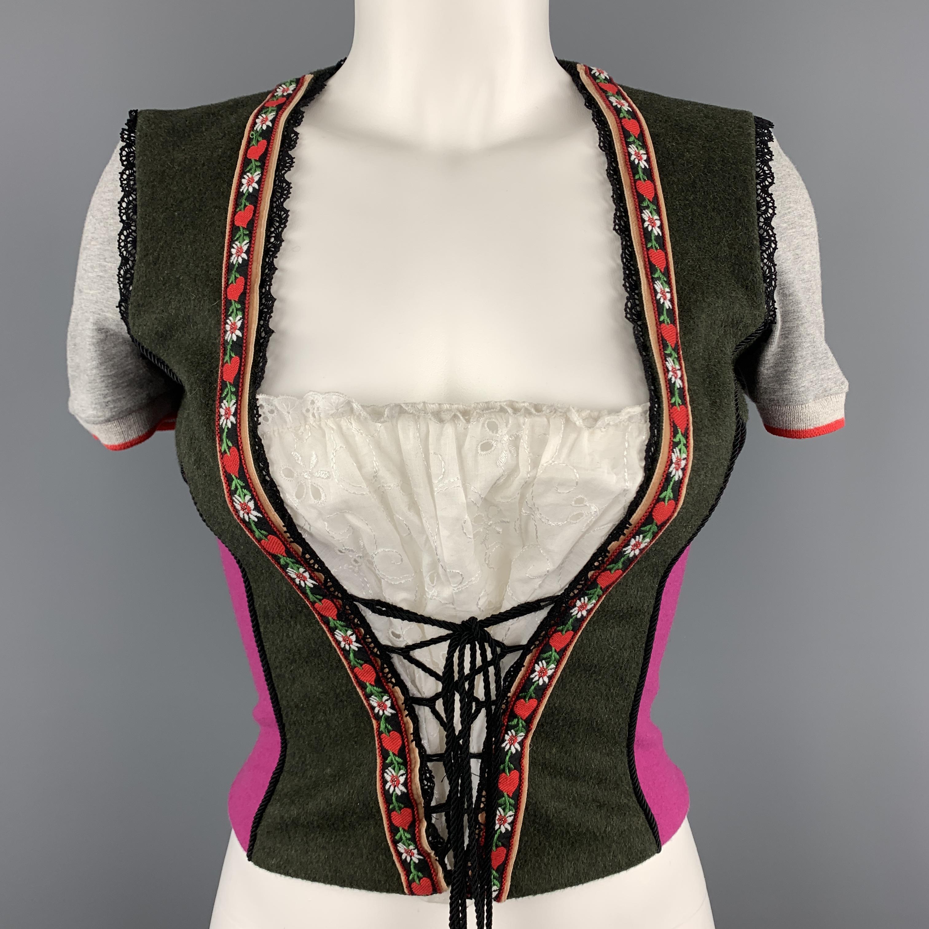 Archive D&G all 2002 Collection bustier top comes in fuchsia pink and olive green color block felt with heart flower ribbon trim, lace up front, boning, gray jersey sleeves, and  white ruffled lace insert. Made in Italy.

New with Tags. 
Marked: IT