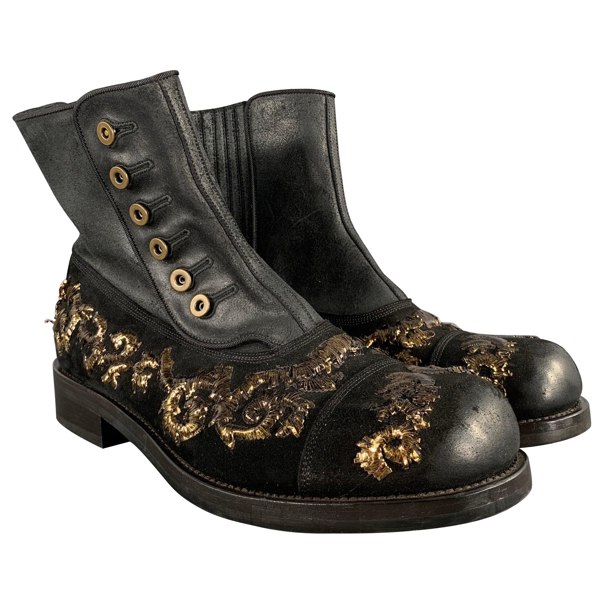 DOLCE 
GABBANA Size 8.5 Black Gold Embroidery Leather Side Buttons Boots