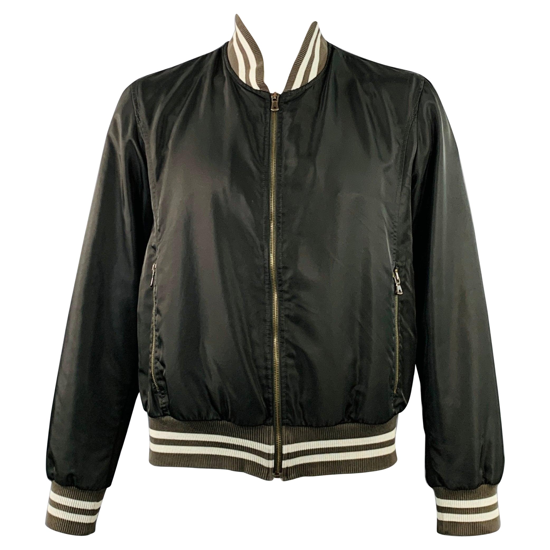 DOLCE 
GABBANA Size L Black Brown Cream Nylon Zip Up Bomber Jacket