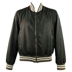 DOLCE
GABBANA Size L Black Brown Cream Nylon Zip Up Bomber Jacket