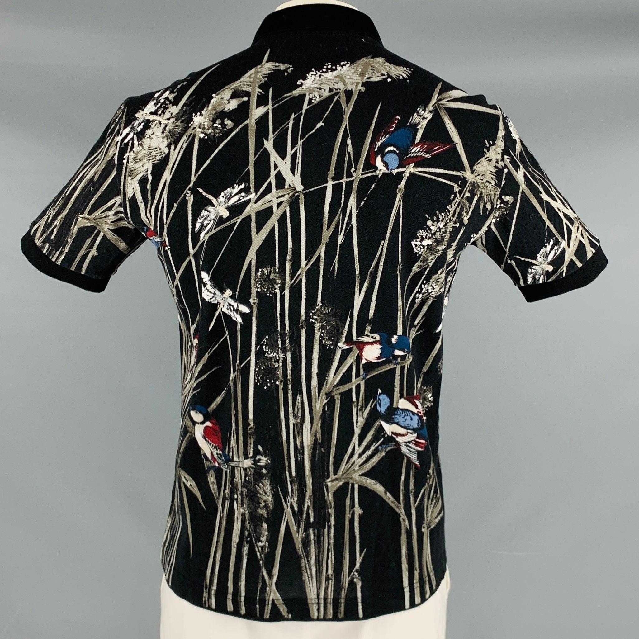 Men's DOLCE & GABBANA Size L Black Grey Birds Cotton Buttoned Polo For Sale