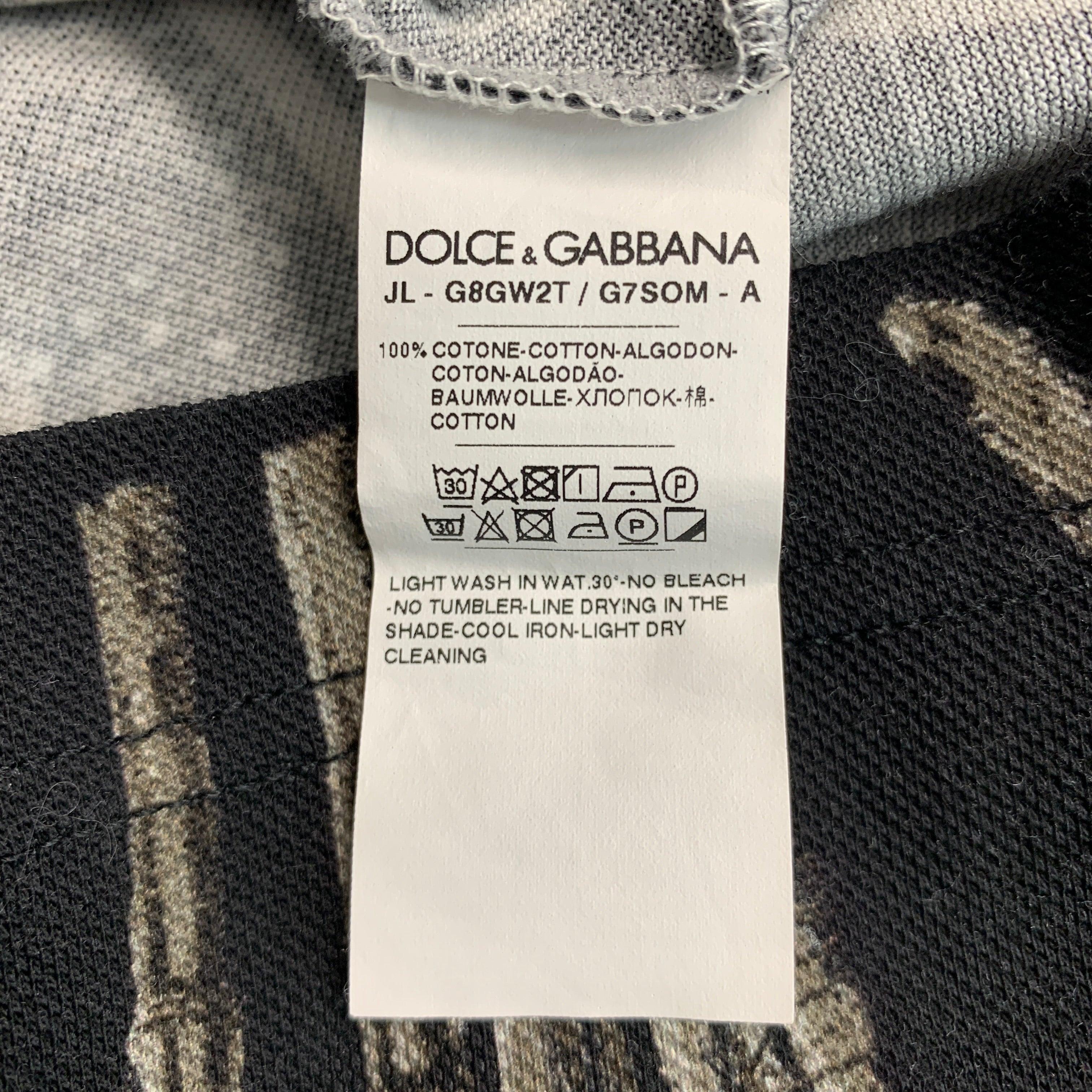 DOLCE & GABBANA Size L Black Grey Birds Cotton Buttoned Polo For Sale 2
