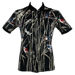 DOLCE & GABBANA Size L Black Grey Birds Cotton Buttoned Polo