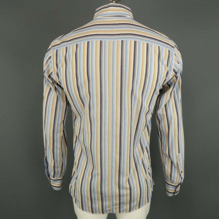 DOLCE and GABBANA Size L Blue and Khaki Stripe Cotton Button Up Long ...